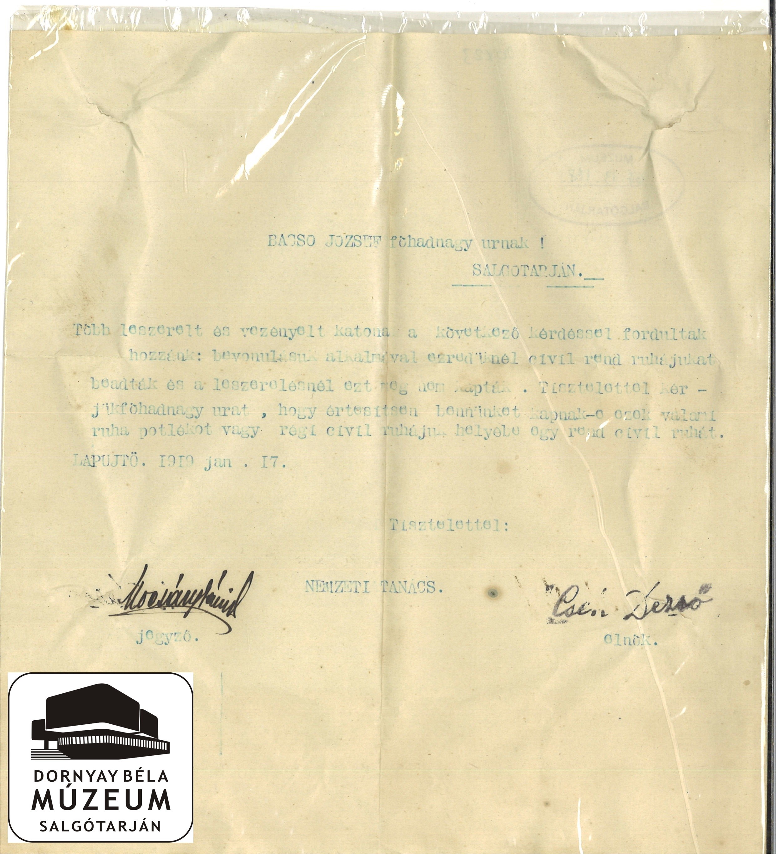 A Nemzeti Tanács levele Bacsó József nemzetőr főhadnagyhoz (Dornyay Béla Múzeum, Salgótarján CC BY-NC-SA)