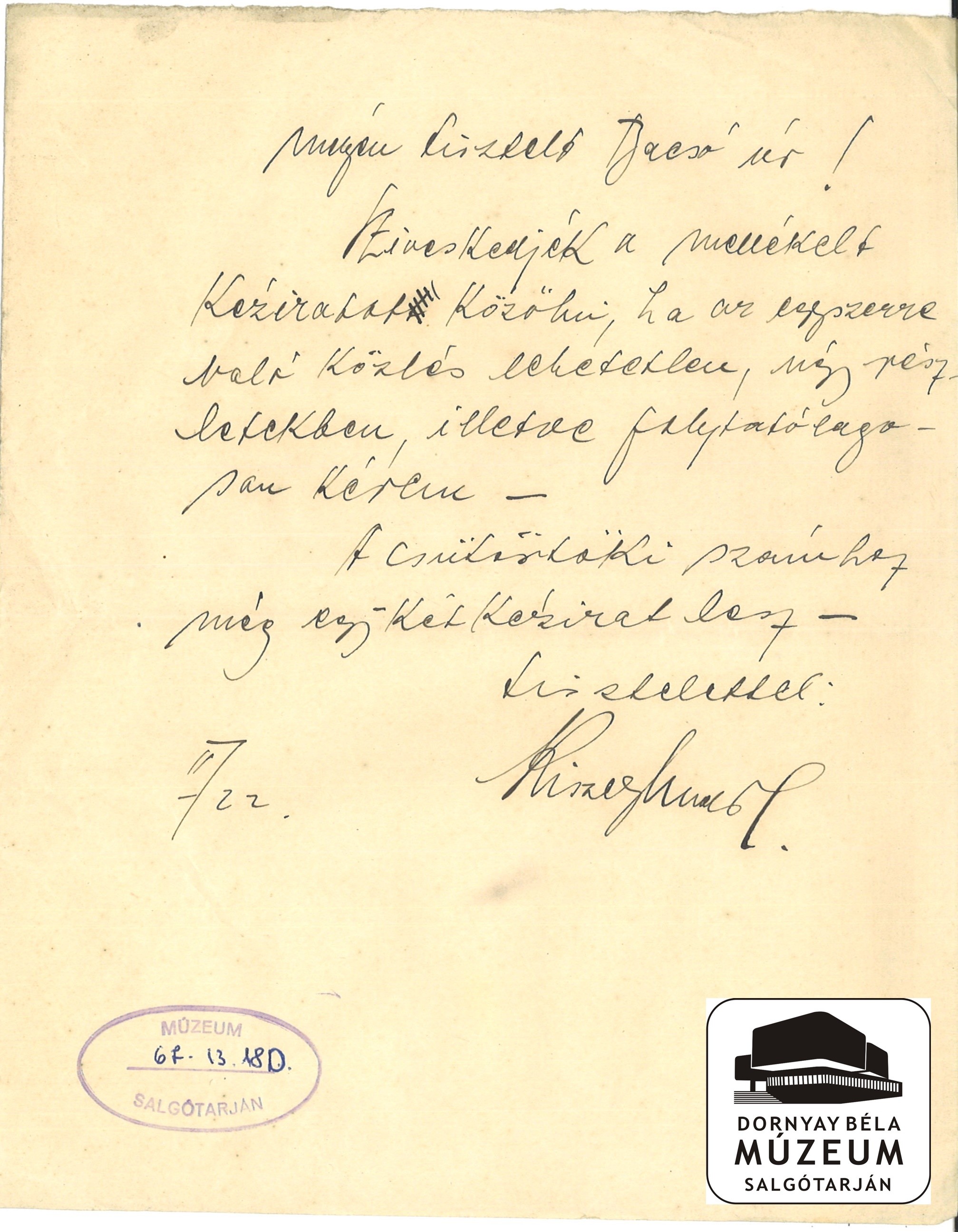 Levél Bacsó Józsefhez, amelyben a levélíró /neve nem olvasható/ egy kézirat közlését kéri (Dornyay Béla Múzeum, Salgótarján CC BY-NC-SA)