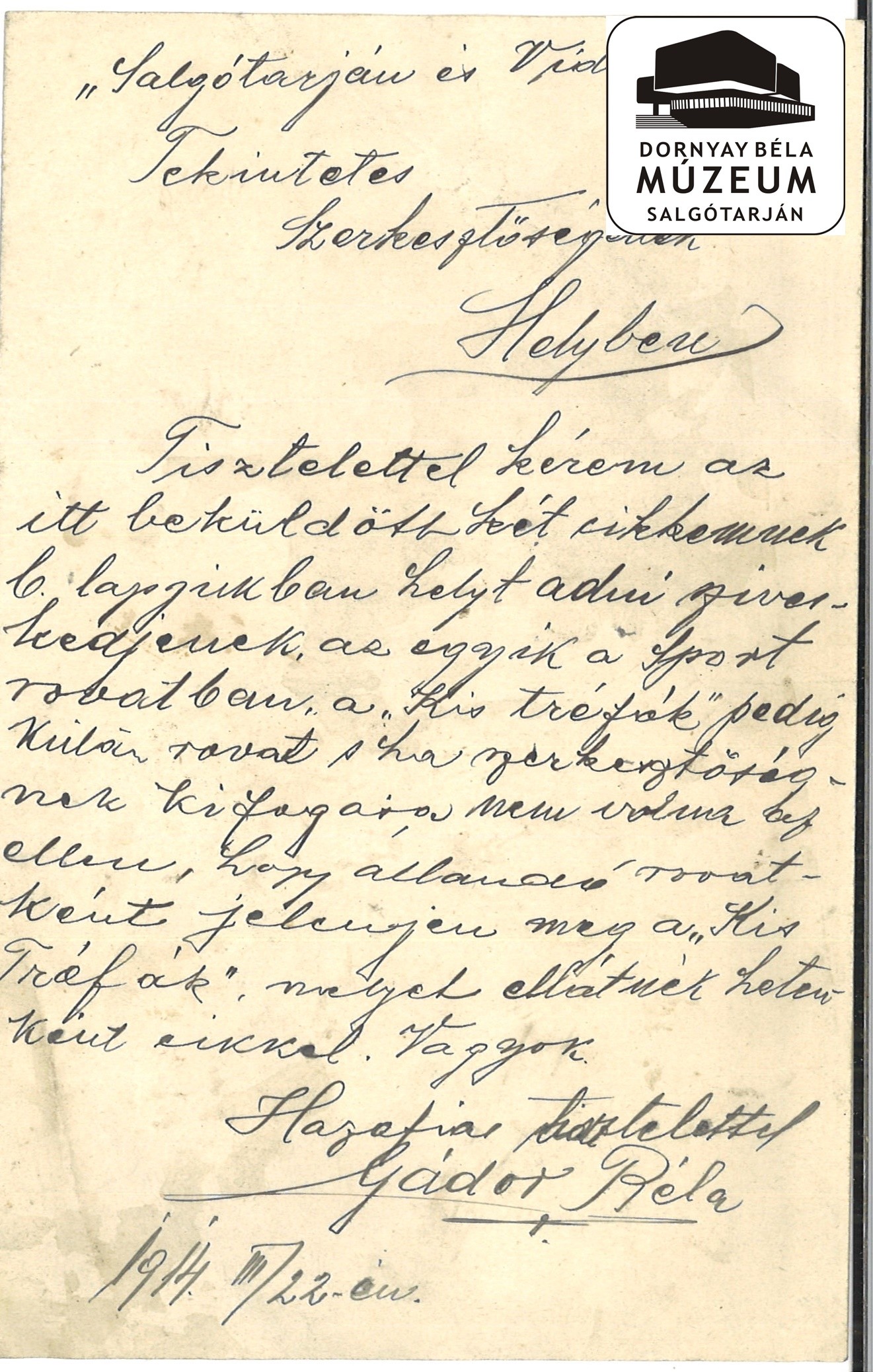 "Salgótarján és Vidéke" Szerkesztőségének levél, amelyben Gádor Béla új cikke leközlését kéri (Dornyay Béla Múzeum, Salgótarján CC BY-NC-SA)