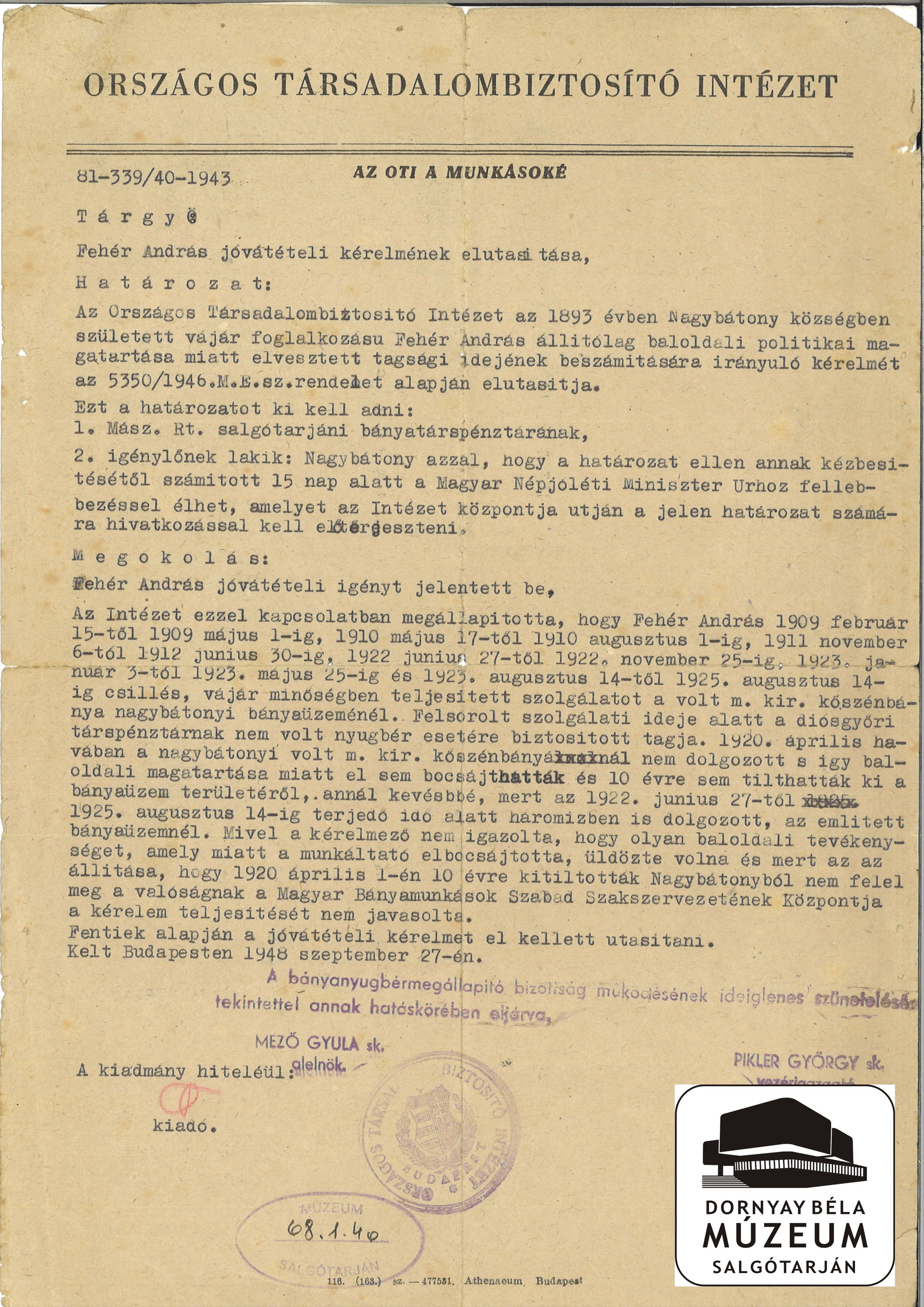 Az OTI elutasítja Fehér András jóvátételi kérelmét (Dornyay Béla Múzeum, Salgótarján CC BY-NC-SA)