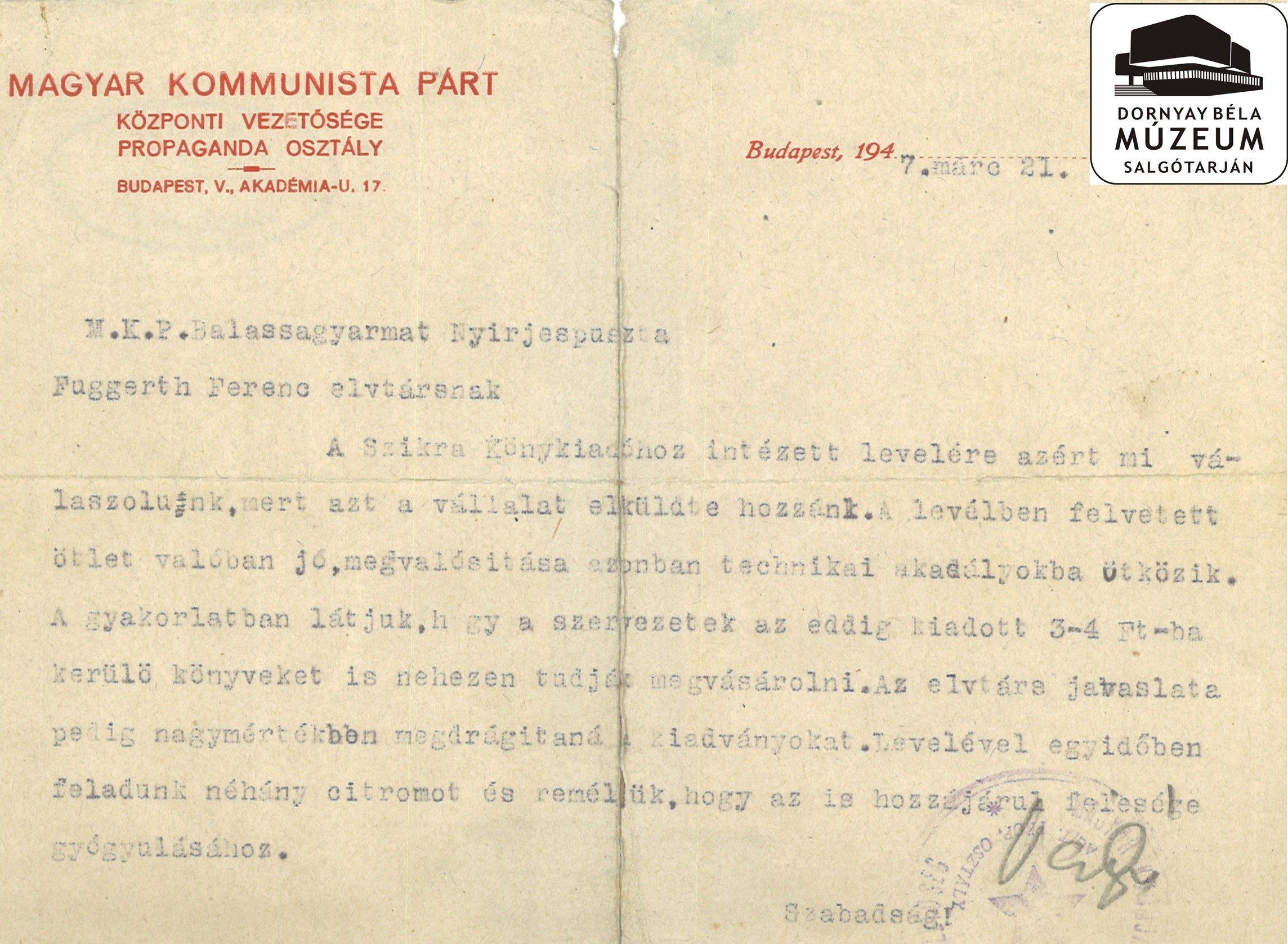 Magyar Kommunista Párt Központi Vezetőségének válasza Fuggerth Ferenc javaslataira (Dornyay Béla Múzeum, Salgótarján CC BY-NC-SA)