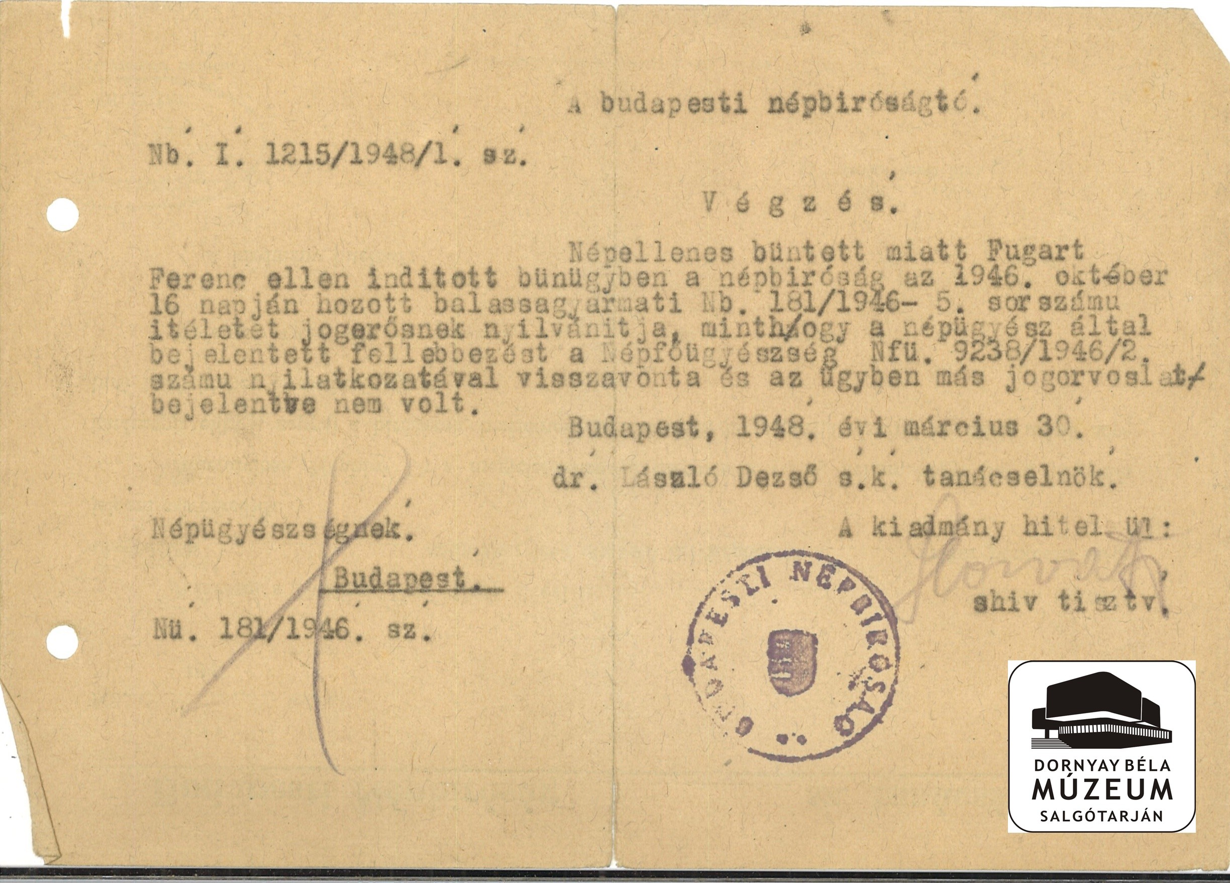 A budapesti népbíróság elutasítja Fuggerth Ferenc fellebbezését (Dornyay Béla Múzeum, Salgótarján CC BY-NC-SA)