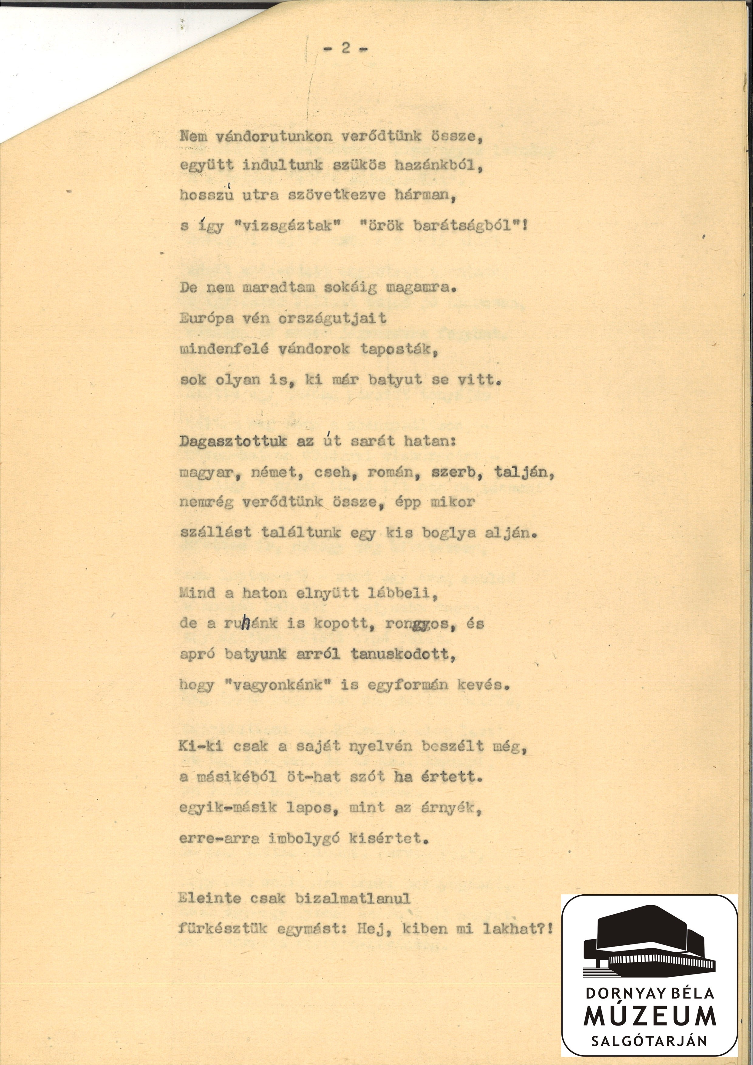 Fuggerth Ferenc :Valahol Európában c. költeménye (Dornyay Béla Múzeum, Salgótarján CC BY-NC-SA)