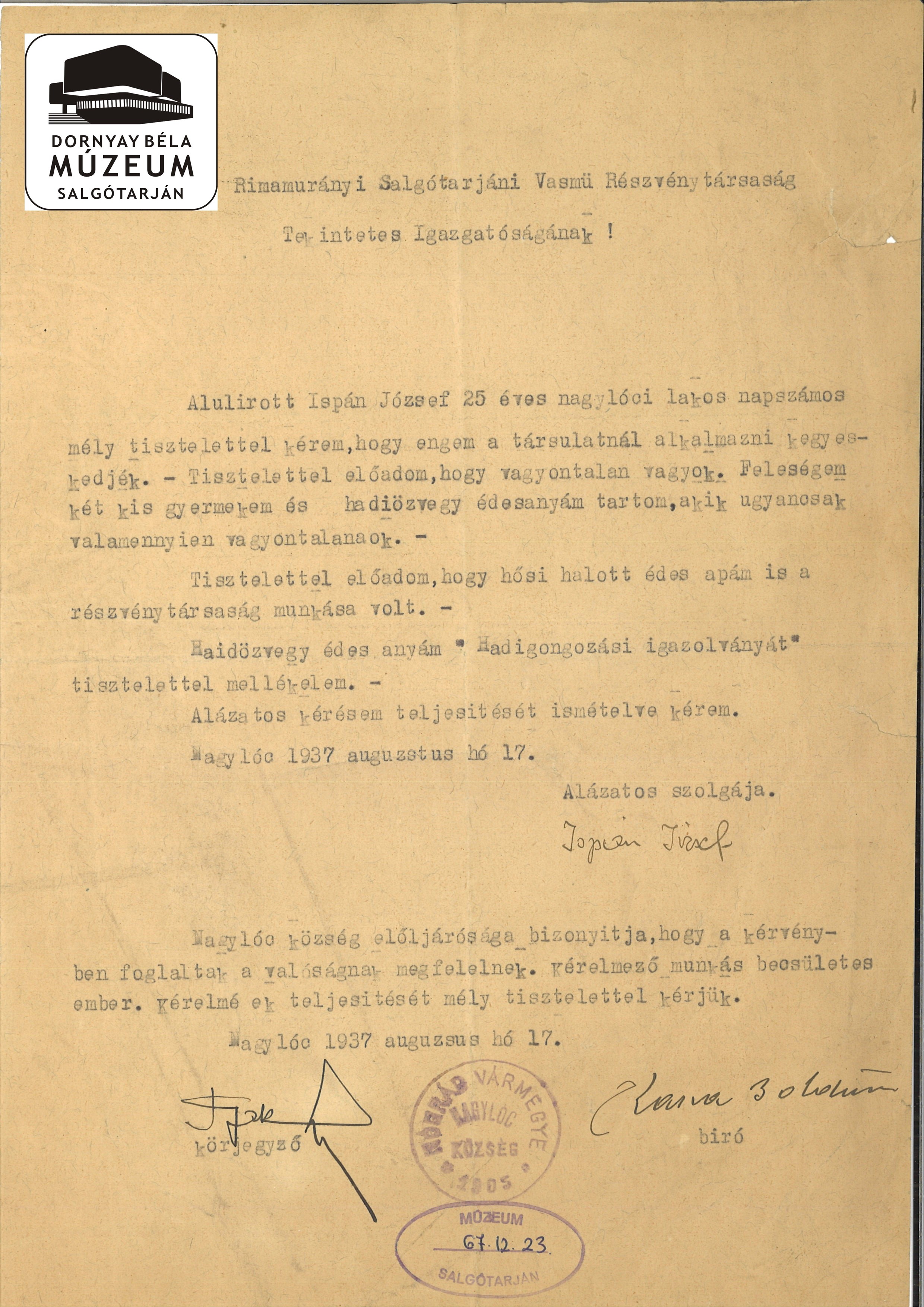 Ispán József nagylóci lakos kéri, hogy az St. Acélgyárban munkásként alkalmazzák (Dornyay Béla Múzeum, Salgótarján CC BY-NC-SA)
