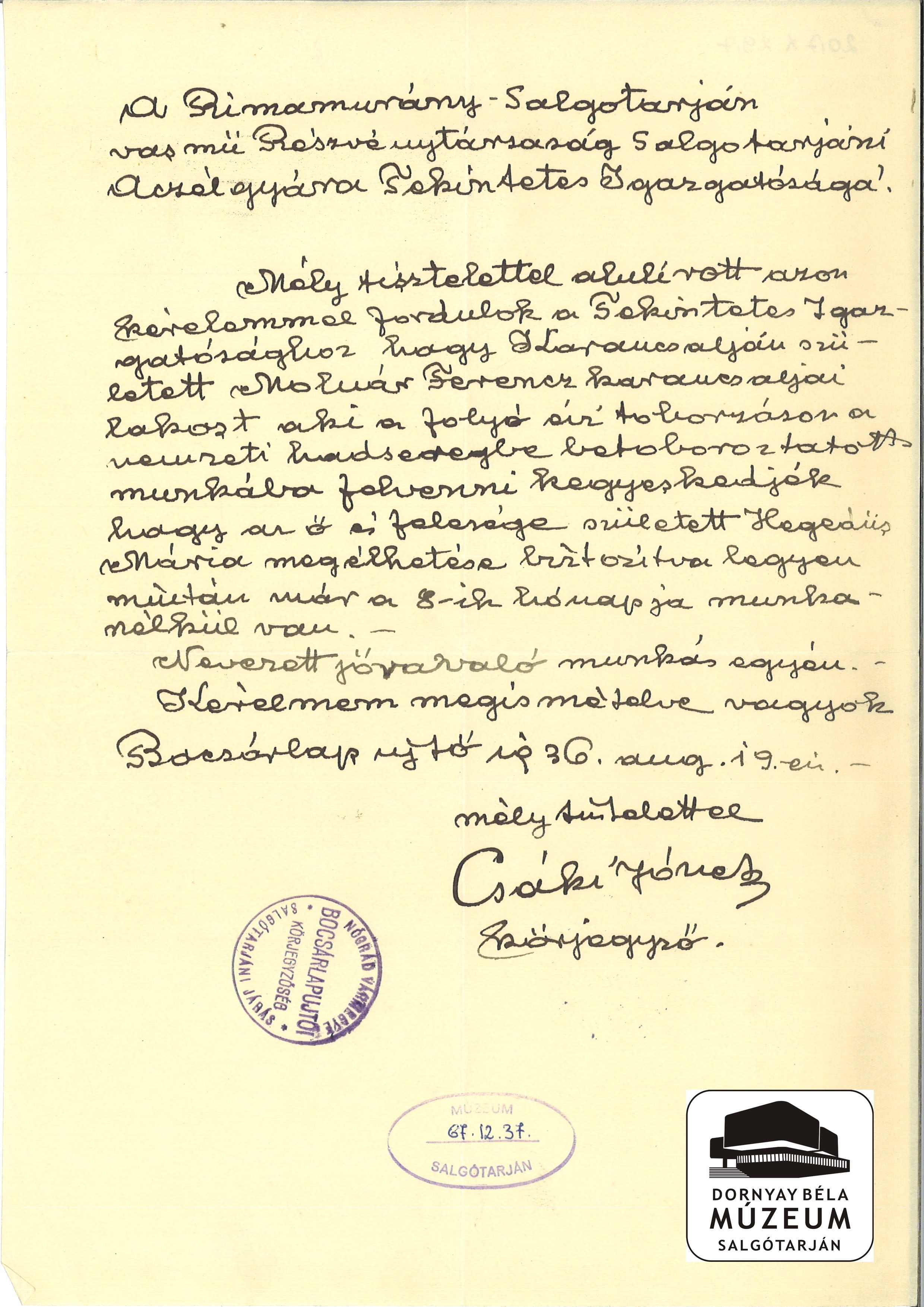 Molnár Ferenc, karancsaljai lakos kéri, hogy az Acélgyárban munkásként alkalmazzák. Körjegyzői fogalmazás (Dornyay Béla Múzeum, Salgótarján CC BY-NC-SA)