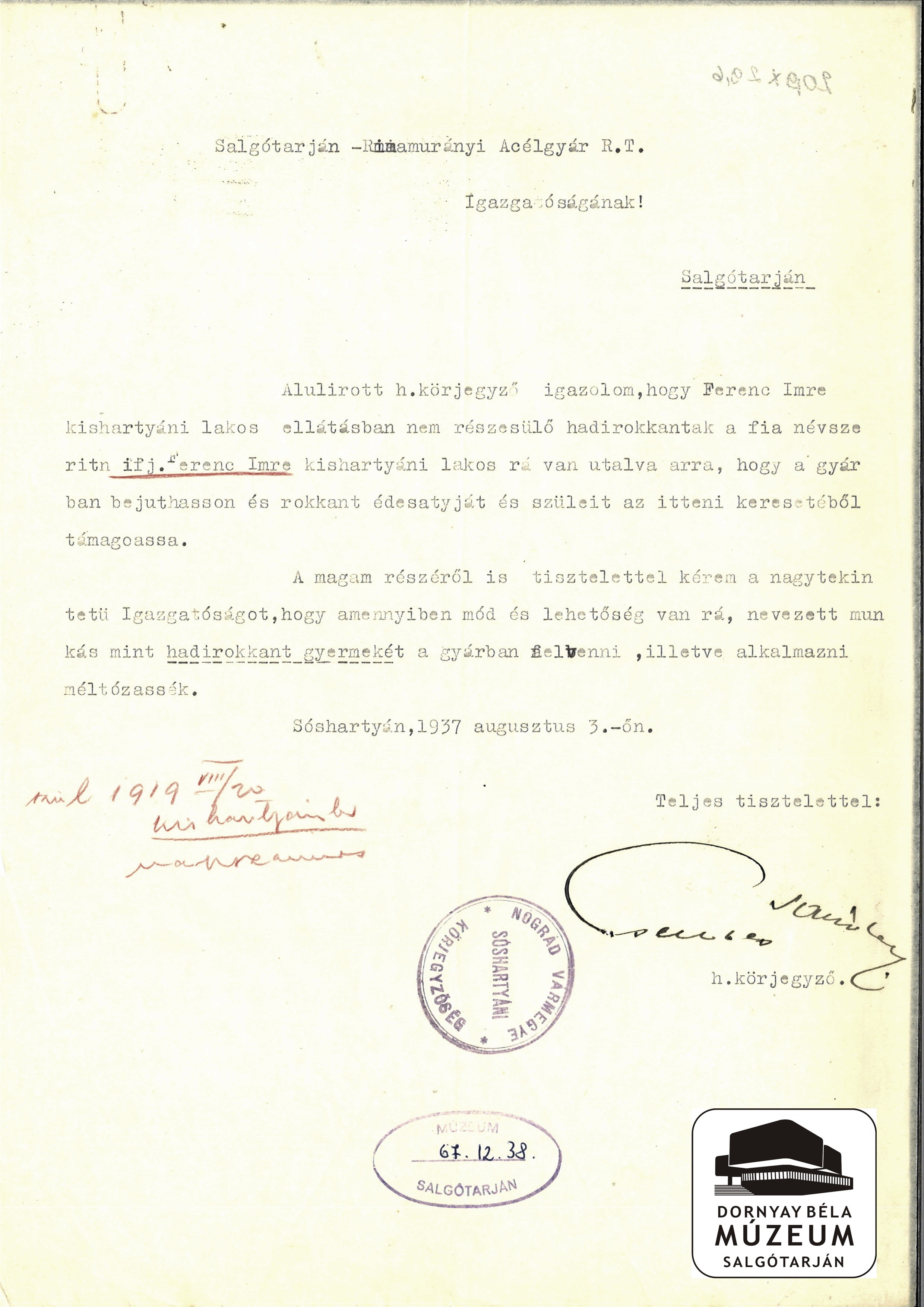Ifj. Ferenc Imre kéri, hogy az Acélgyárban munkásként alkalmazzák. Körjegyzői ajánlás és fogalmazás (Dornyay Béla Múzeum, Salgótarján CC BY-NC-SA)