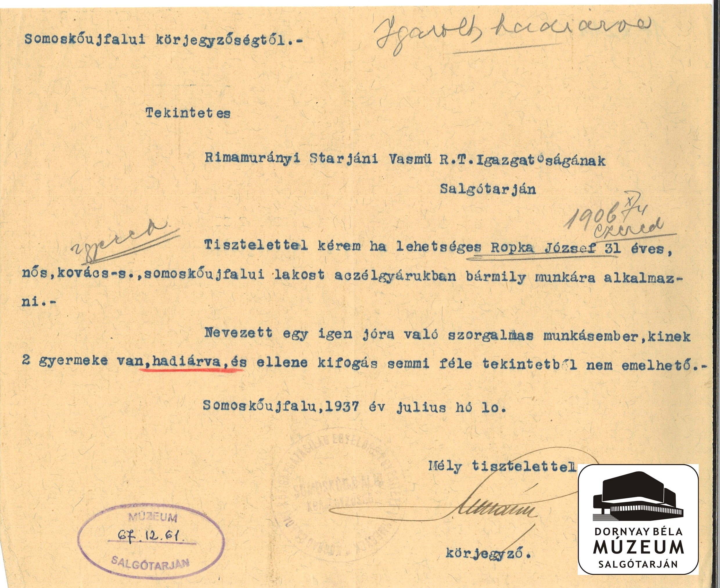 Rapka József somoskőújfalui lakos Acélgyári alkalmazását kéri a körjegyző (Dornyay Béla Múzeum, Salgótarján CC BY-NC-SA)
