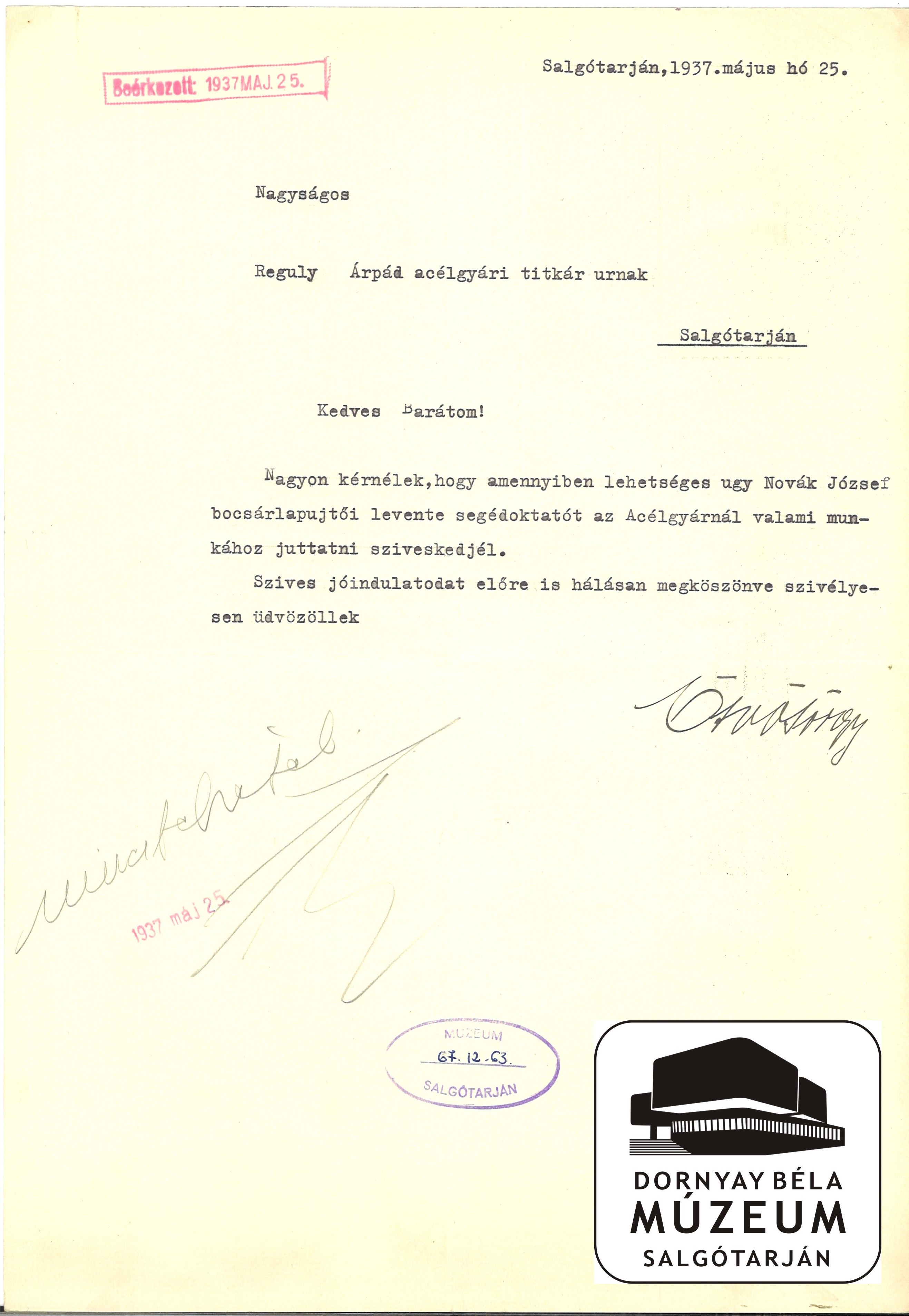 Novák  Jószef bocsárlapujtői lakos Acélgyári alkalmazásának kérése. Az ajánló Ötvös György (Dornyay Béla Múzeum, Salgótarján CC BY-NC-SA)