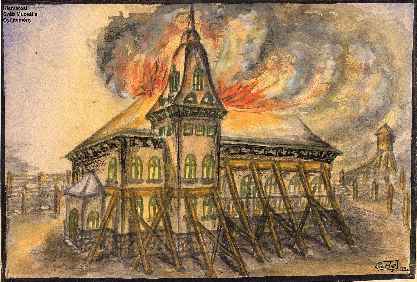 Az adjudi kastély lángokban (Kismarosi Sváb Muzeális Gyűjtemény RR-F)