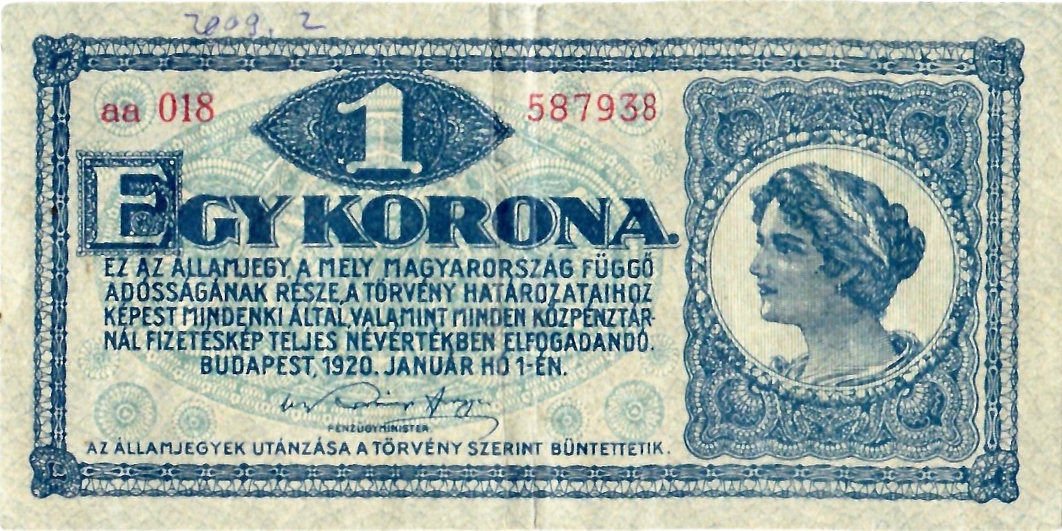 Papírpénz - 1 korona (Dr. Jablonkay István Helytörténeti Gyűjtemény CC BY-NC-SA)