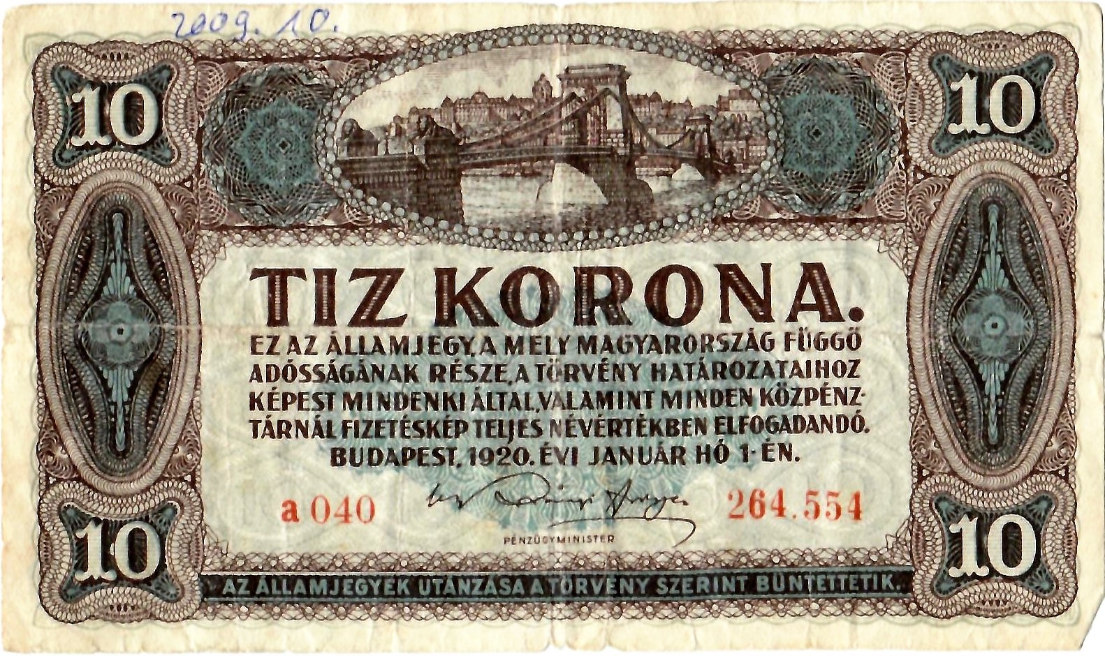 Papírpénz - 10 korona (Dr. Jablonkay István Helytörténeti Gyűjtemény CC BY-NC-SA)