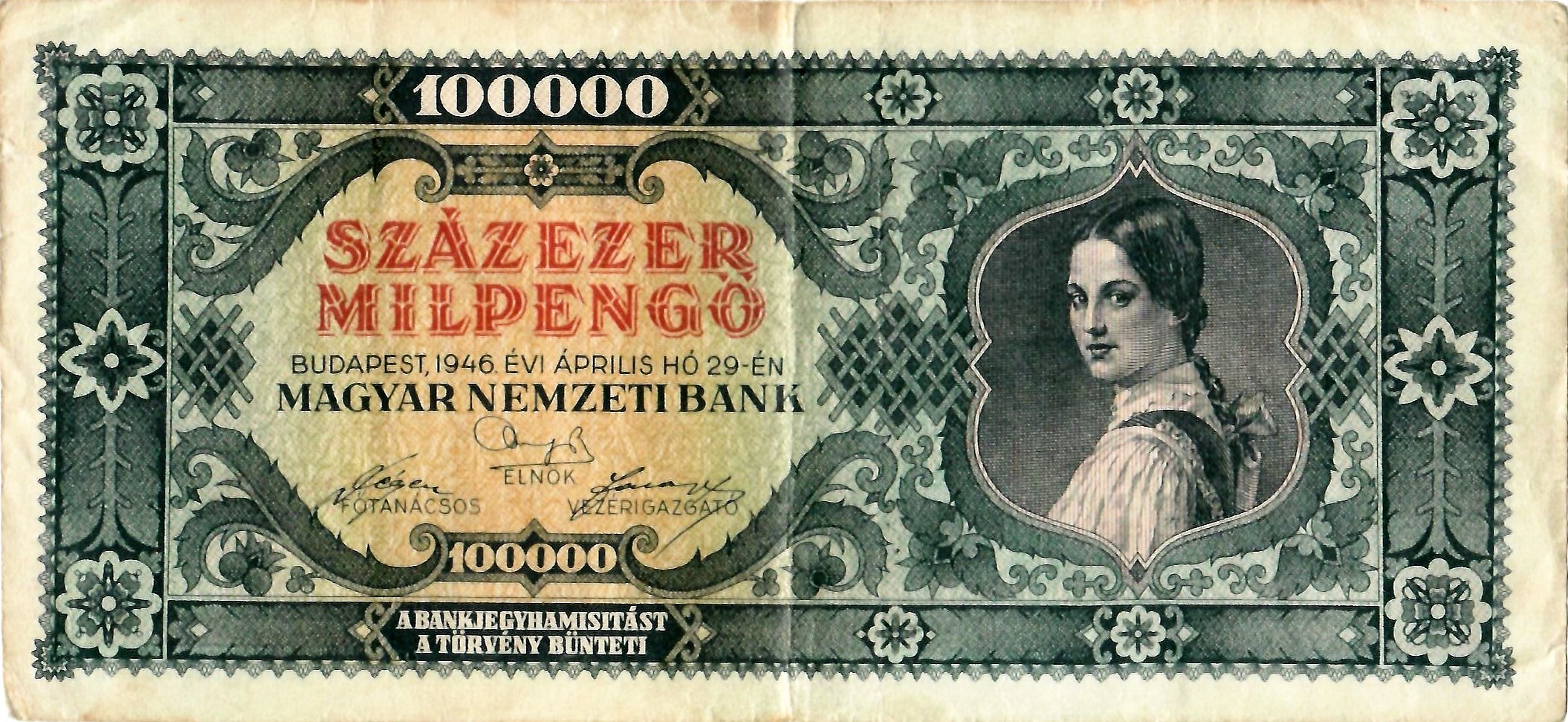 Papírpénz - 100000 milpengő (Dr. Jablonkay István Helytörténeti Gyűjtemény CC BY-NC-SA)