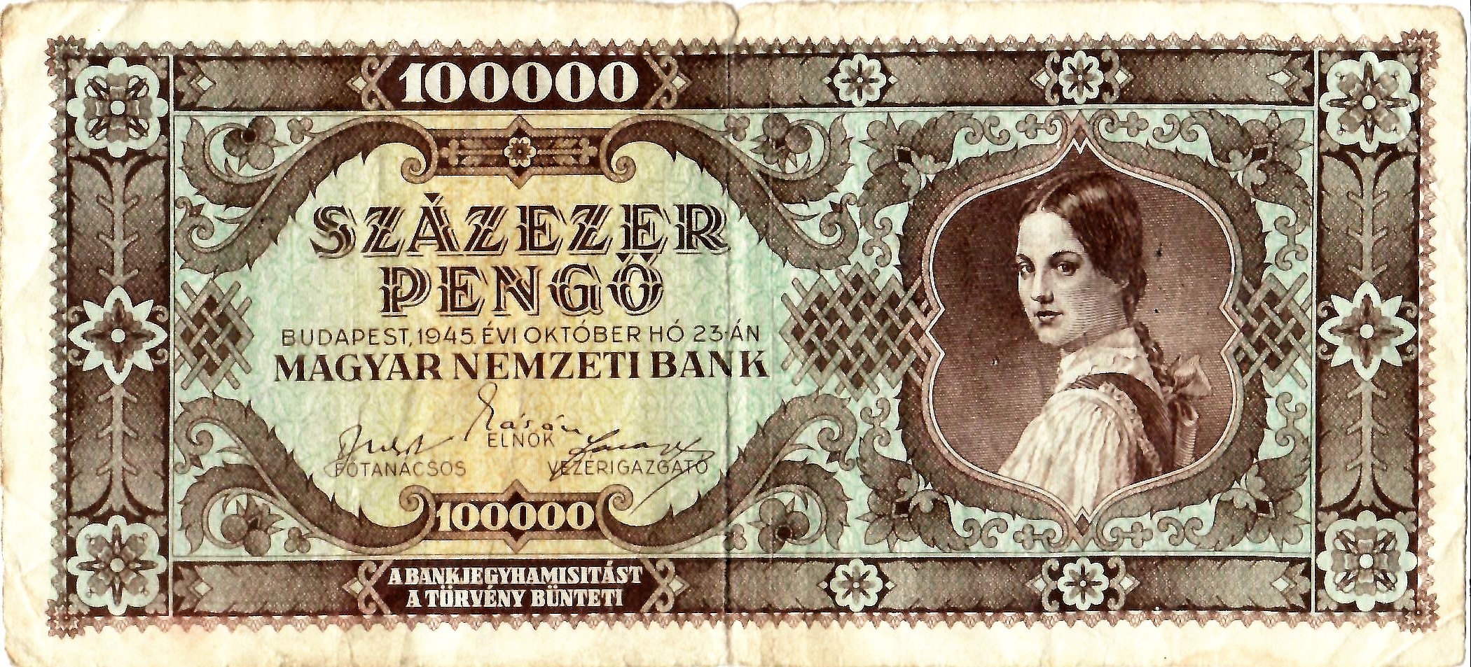Papírpénz - 100000 pengő (Dr. Jablonkay István Helytörténeti Gyűjtemény CC BY-NC-SA)