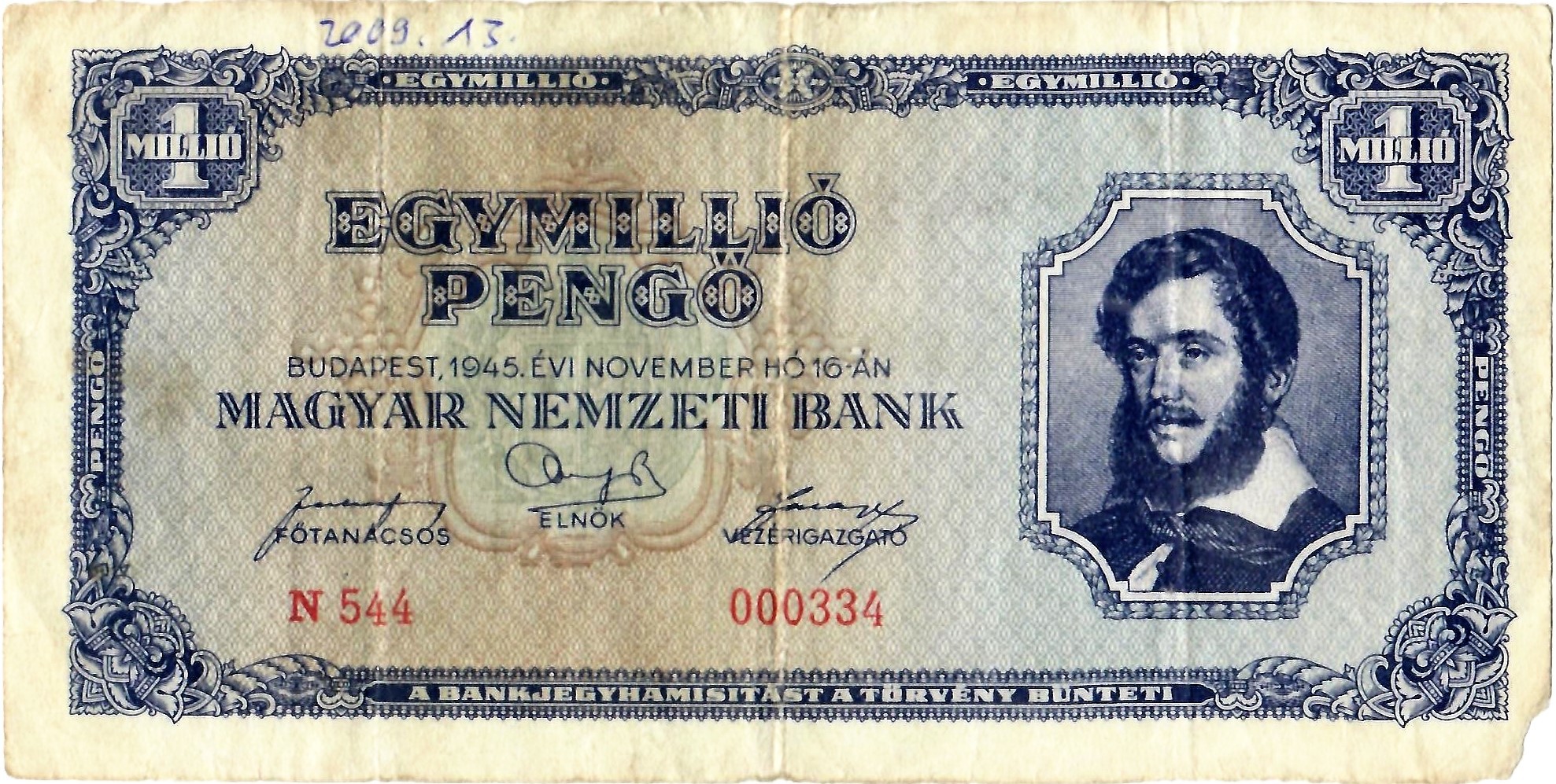 Papírpénz - 1000000 pengő (Dr. Jablonkay István Helytörténeti Gyűjtemény CC BY-NC-SA)
