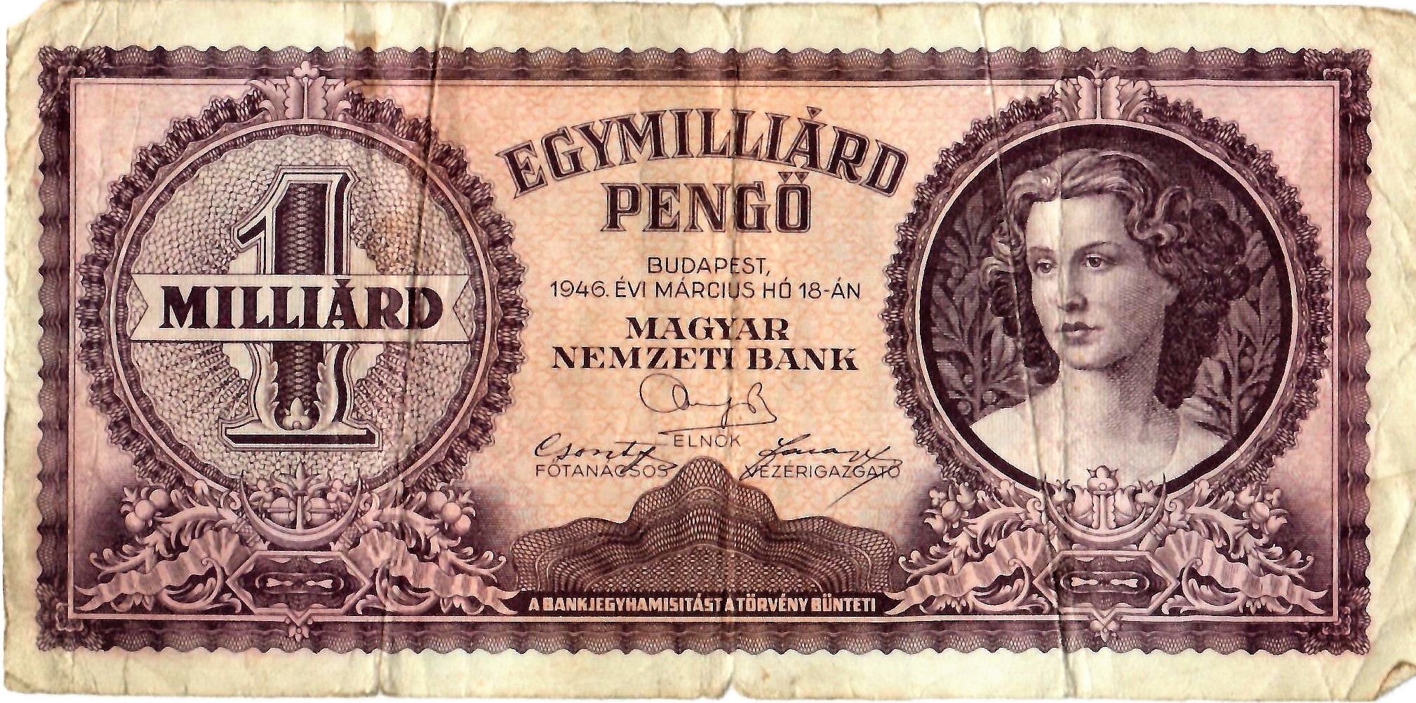 Papírpénz - 1000000000 pengő (Dr. Jablonkay István Helytörténeti Gyűjtemény CC BY-NC-SA)
