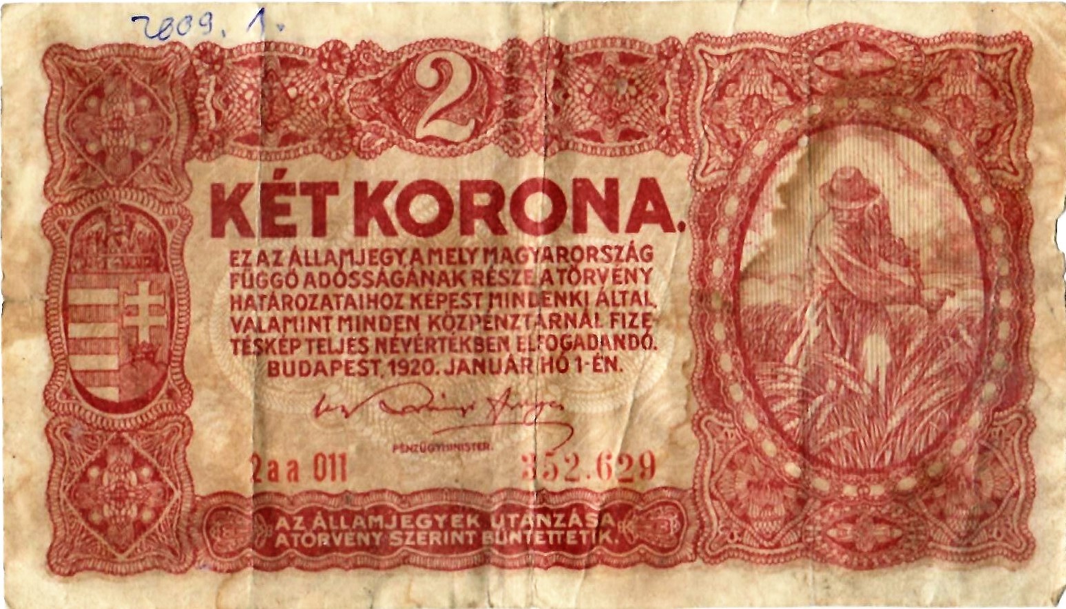 Papírpénz - 2 korona (Dr. Jablonkay István Helytörténeti Gyűjtemény CC BY-NC-SA)