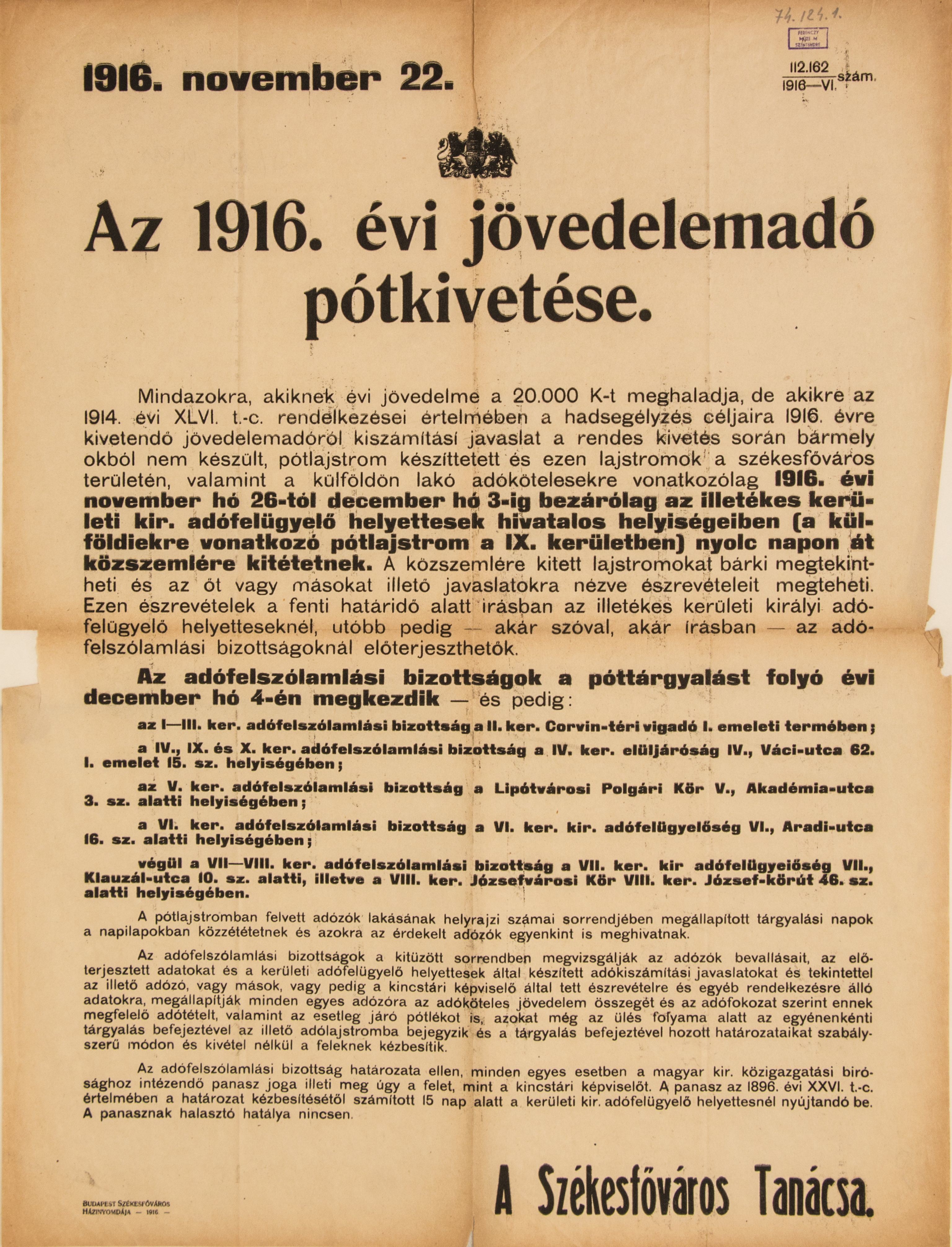 1916-os jövedelemadó pótkivetése, 1916.11.22. (Ferenczy Múzeumi Centrum CC BY-NC-SA)