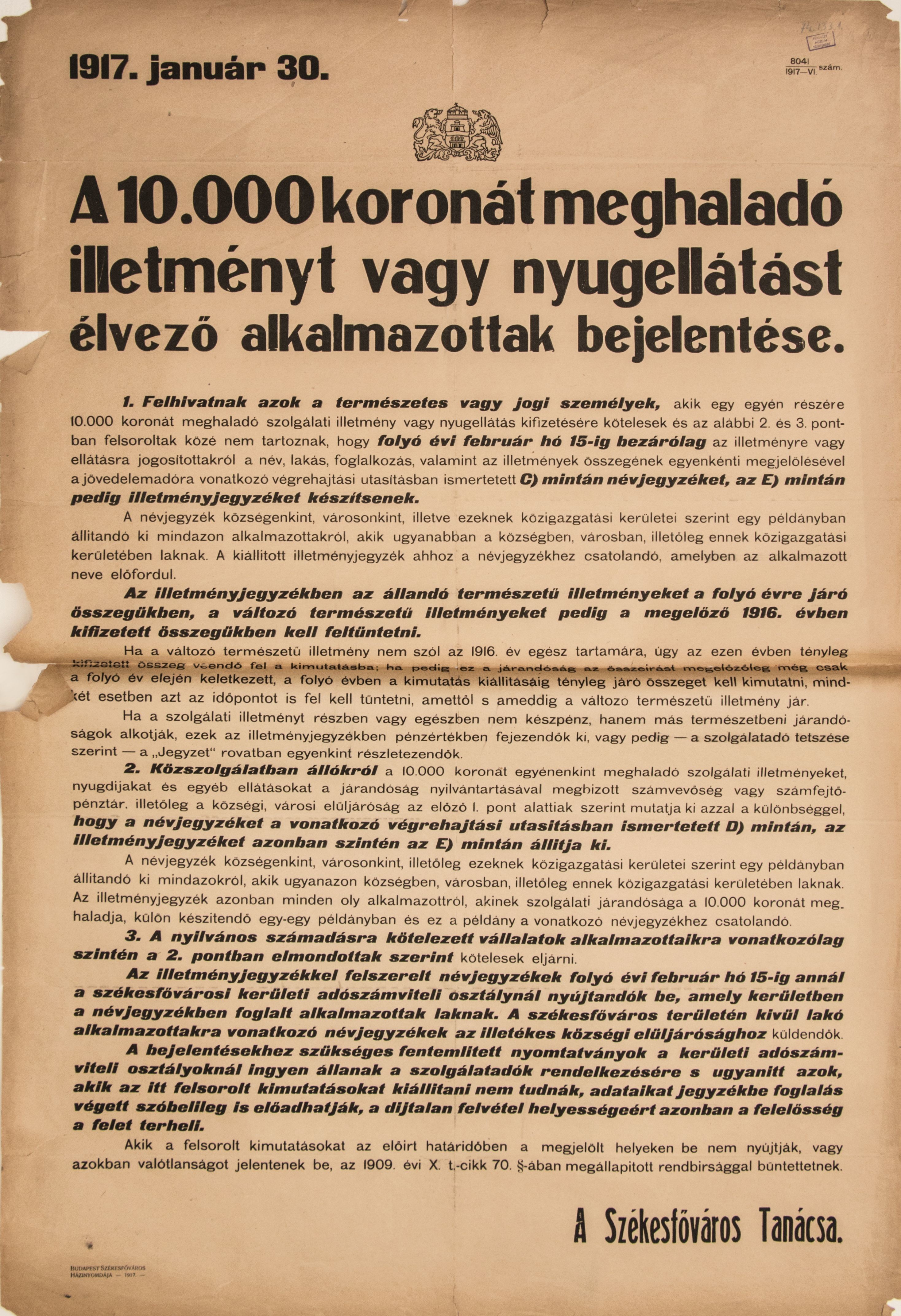 A 10.000 koronát meghaladó illetményt élvező alkalmazottak bejelentése, 1917.01.30. (hirdetmény) (Ferenczy Múzeumi Centrum CC BY-NC-SA)