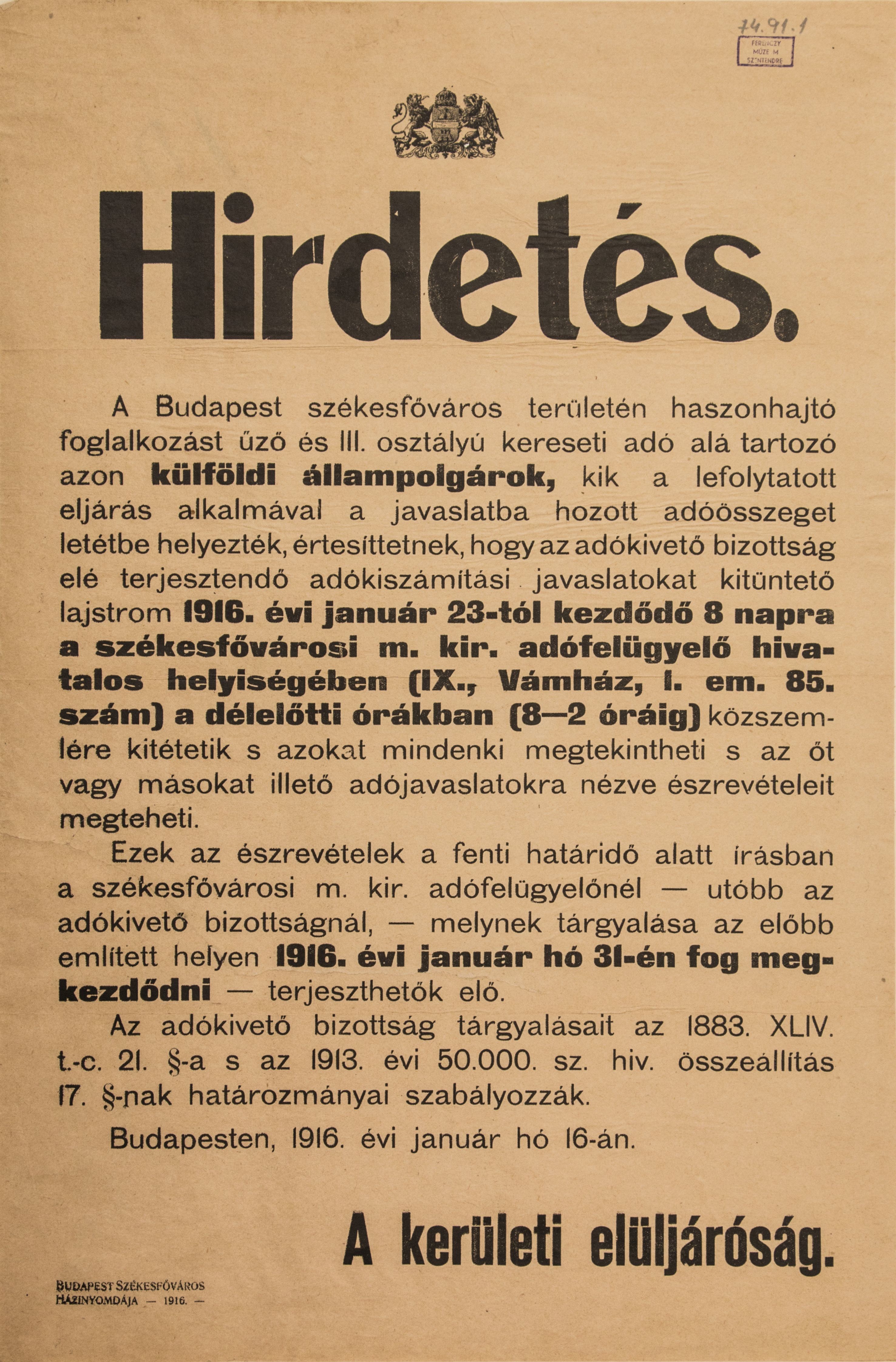 A kerületi elöljáróság hirdetése külföldi állampolgárok számára adóügyben (Ferenczy Múzeumi Centrum CC BY-NC-SA)