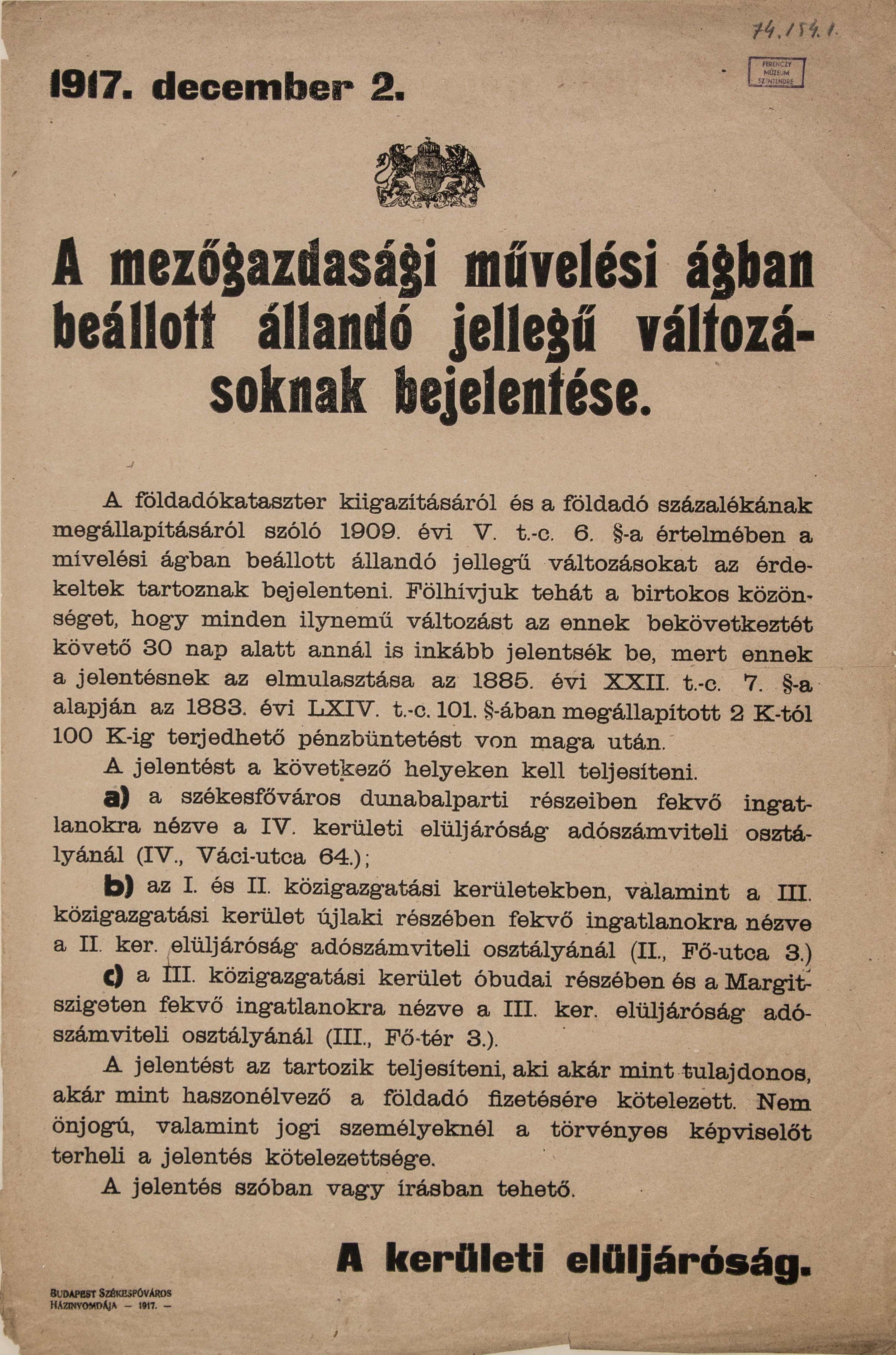 A mezőgazdaságban beállt változások bejelentése, 1917.12.02. (Ferenczy Múzeumi Centrum CC BY-NC-SA)
