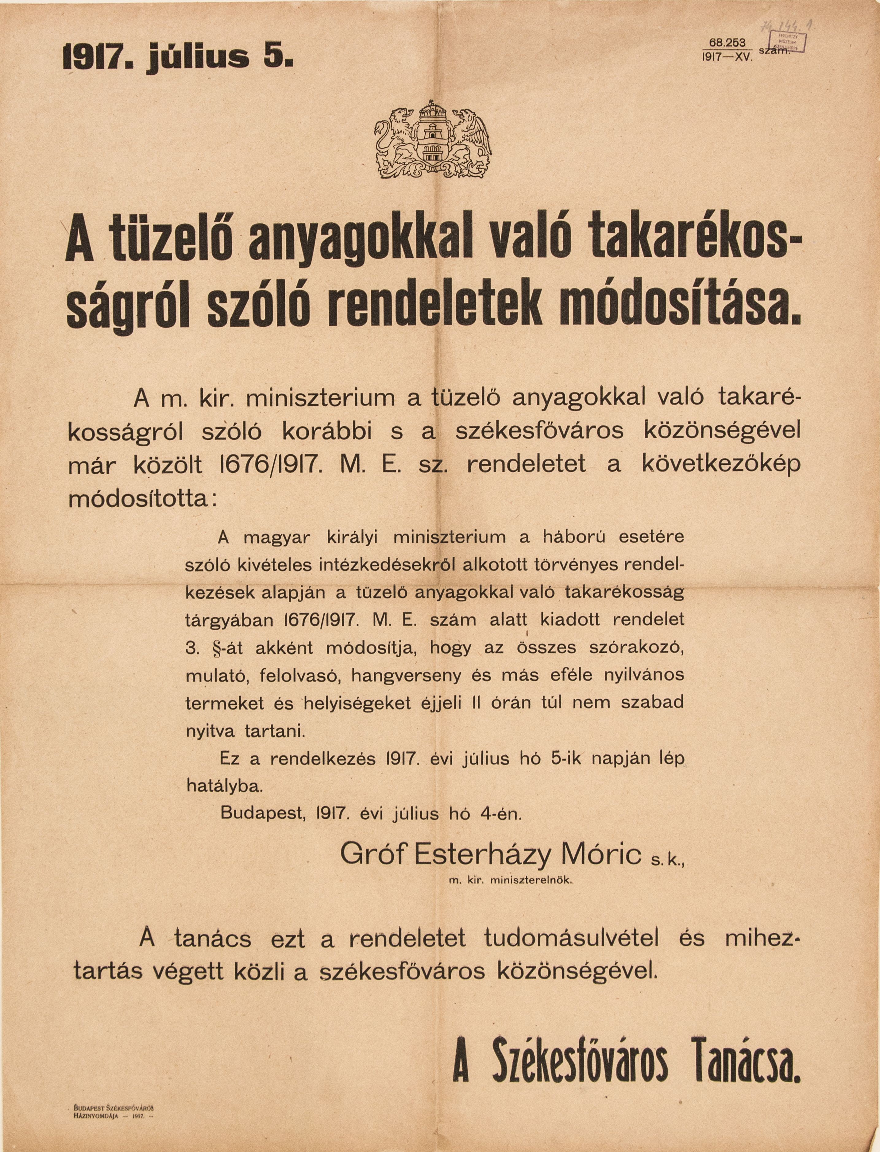 A tüzelőanyagokkal való takarékosságról szóló rendeletek módosítása, 1917.07.05. (Ferenczy Múzeumi Centrum CC BY-NC-SA)