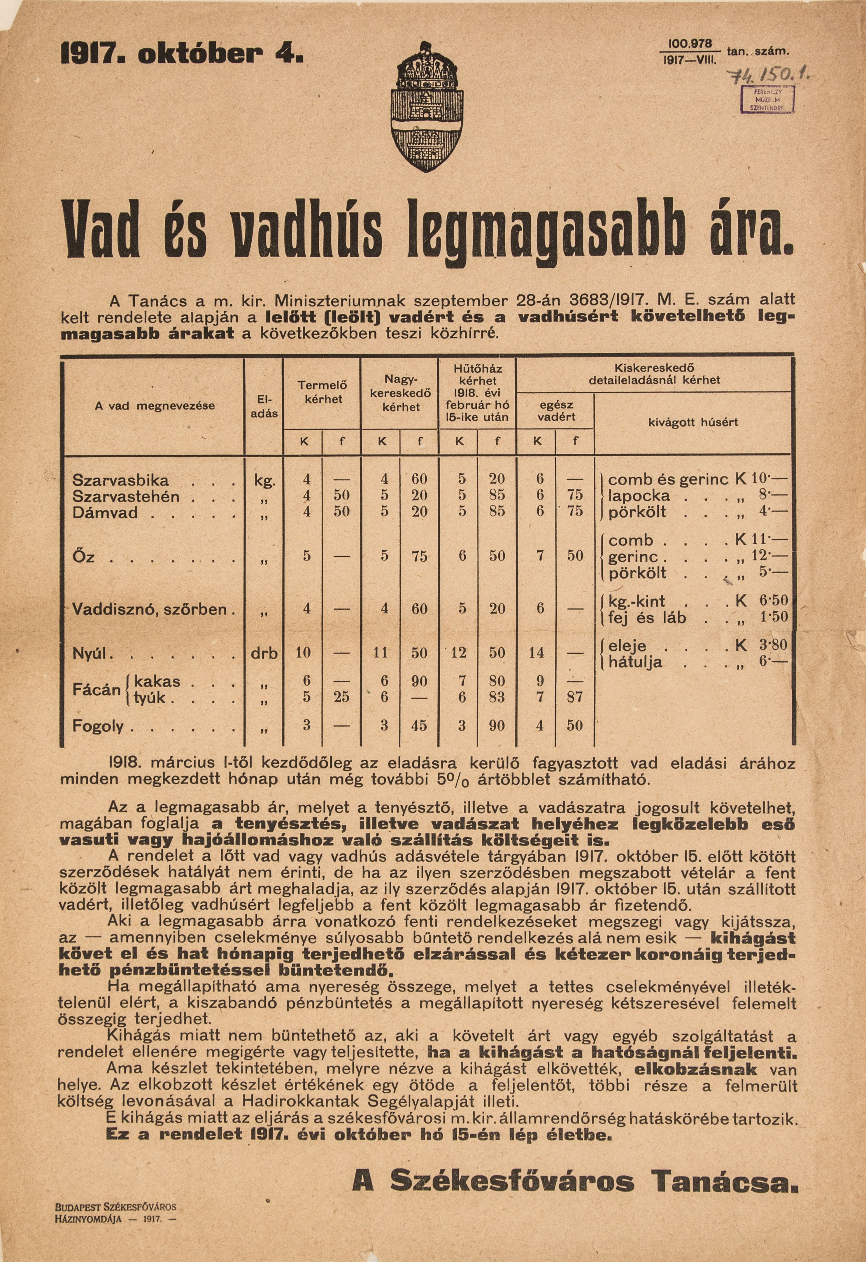 A vad és vadhús legnagyobb ára, 1917.10.04. (hirdetés) (Ferenczy Múzeumi Centrum CC BY-NC-SA)
