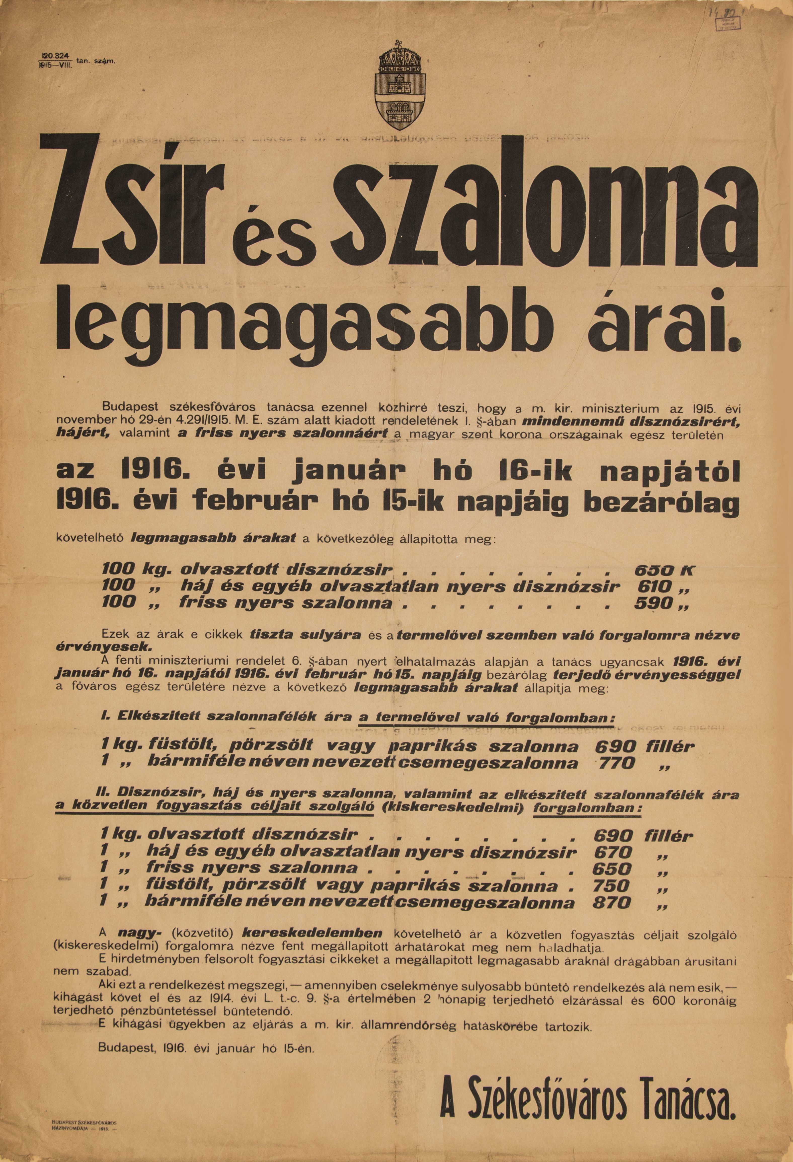 A zsír és szalonna legmagasabb árai, 1916.01.15. (Ferenczy Múzeumi Centrum CC BY-NC-SA)