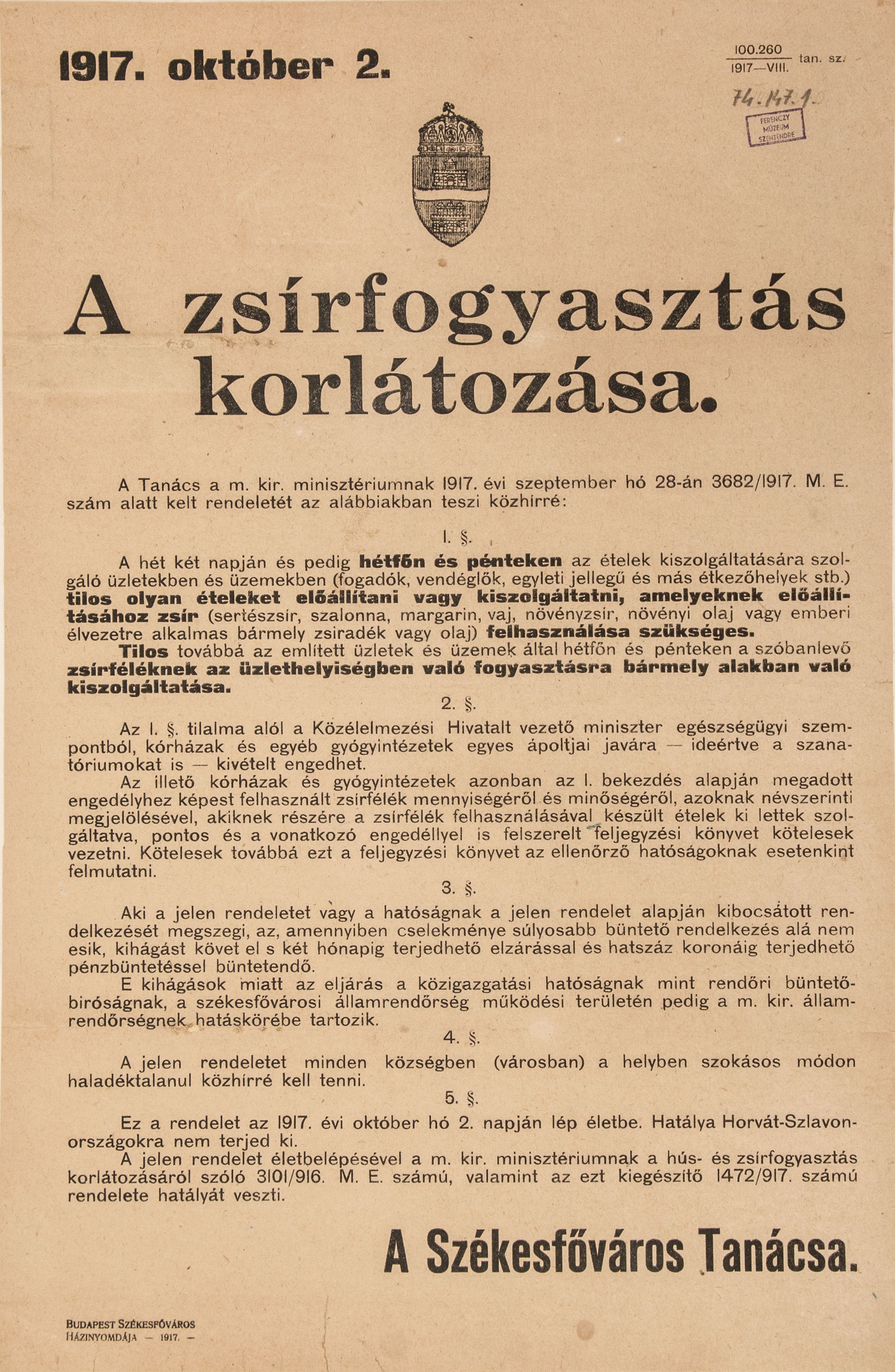 A zsirfogyasztás korlátozása, 1917.10.02. (Ferenczy Múzeumi Centrum CC BY-NC-SA)