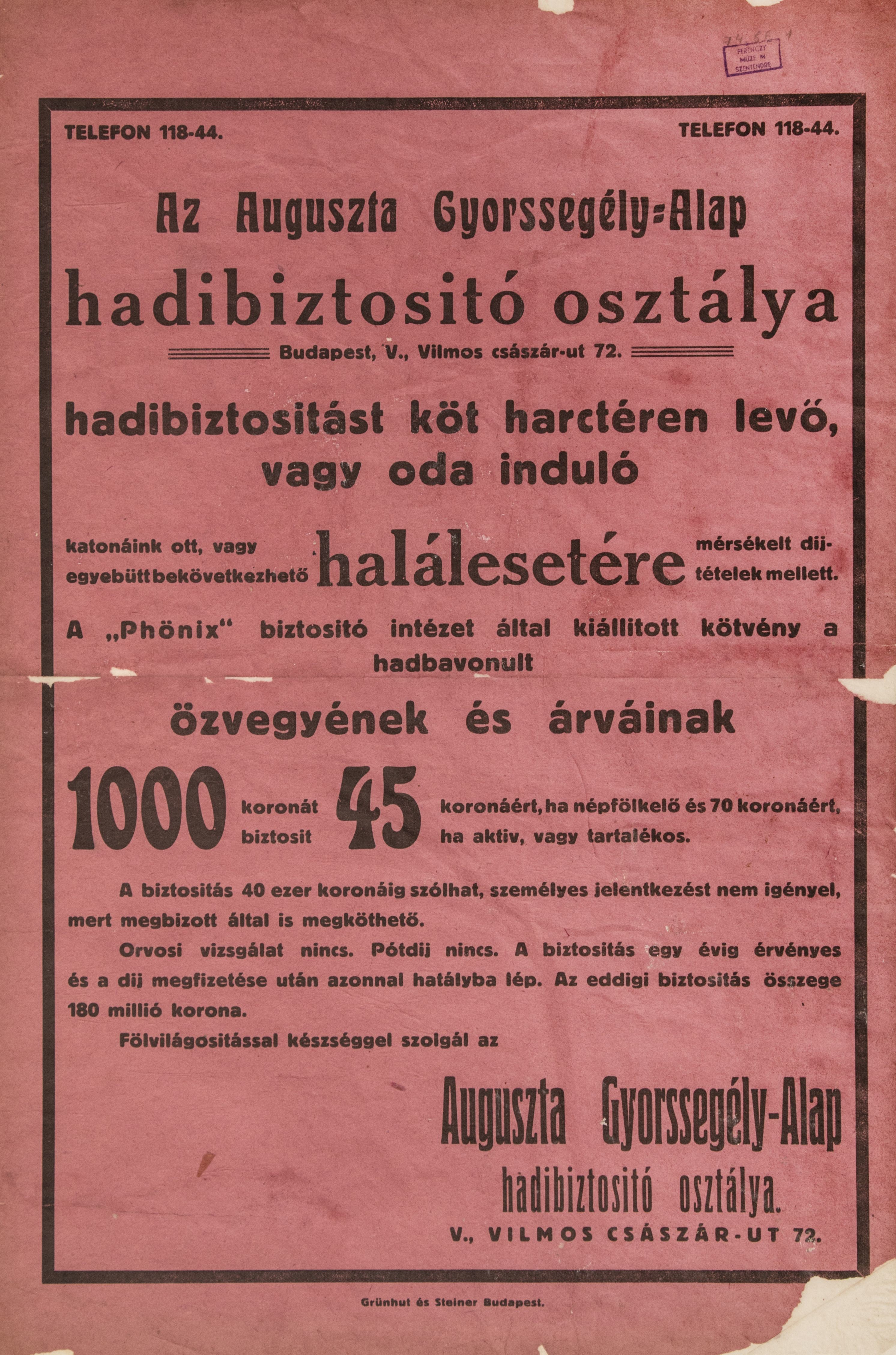 Auguszta Gyorssegély-Alap hadbiztosító osztályának hirdetése (piros, fekete betű) (Ferenczy Múzeumi Centrum CC BY-NC-SA)