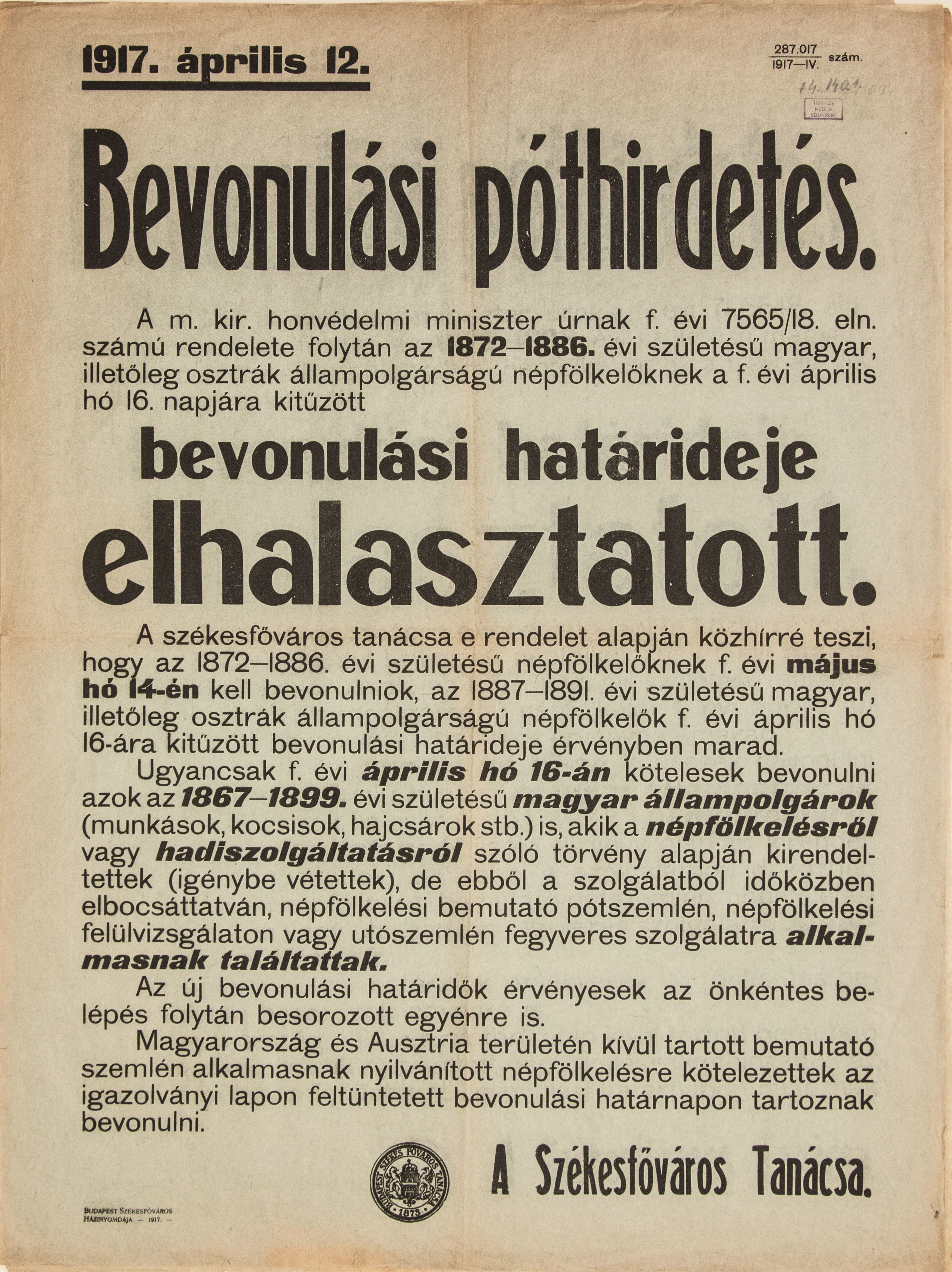 Bevonulási póthirdetés, 1917.04.12. (kékes alap, fekete betű) (Ferenczy Múzeumi Centrum CC BY-NC-SA)