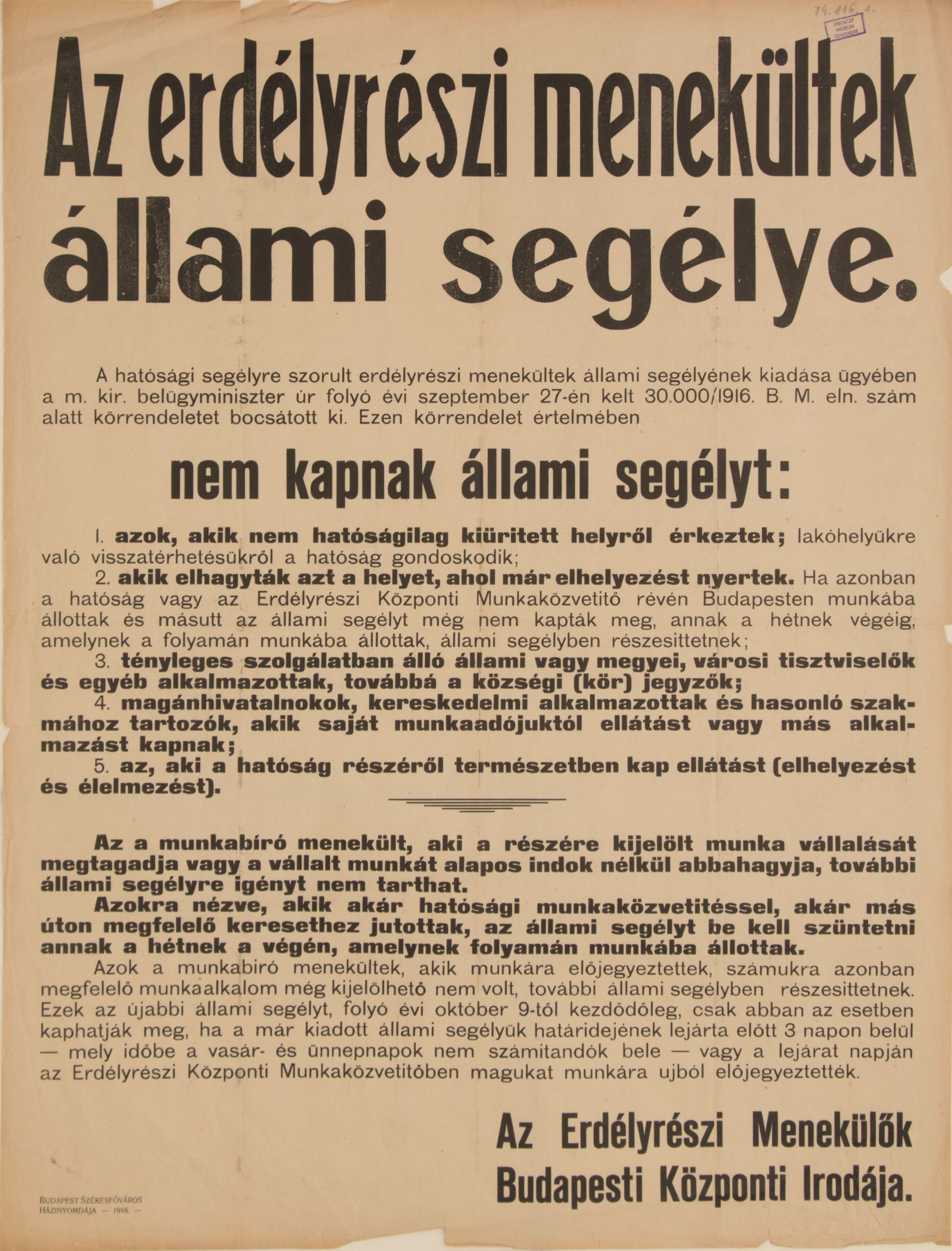 Erdélyrészi menekültek állami segélye, 1916.09. (Ferenczy Múzeumi Centrum CC BY-NC-SA)