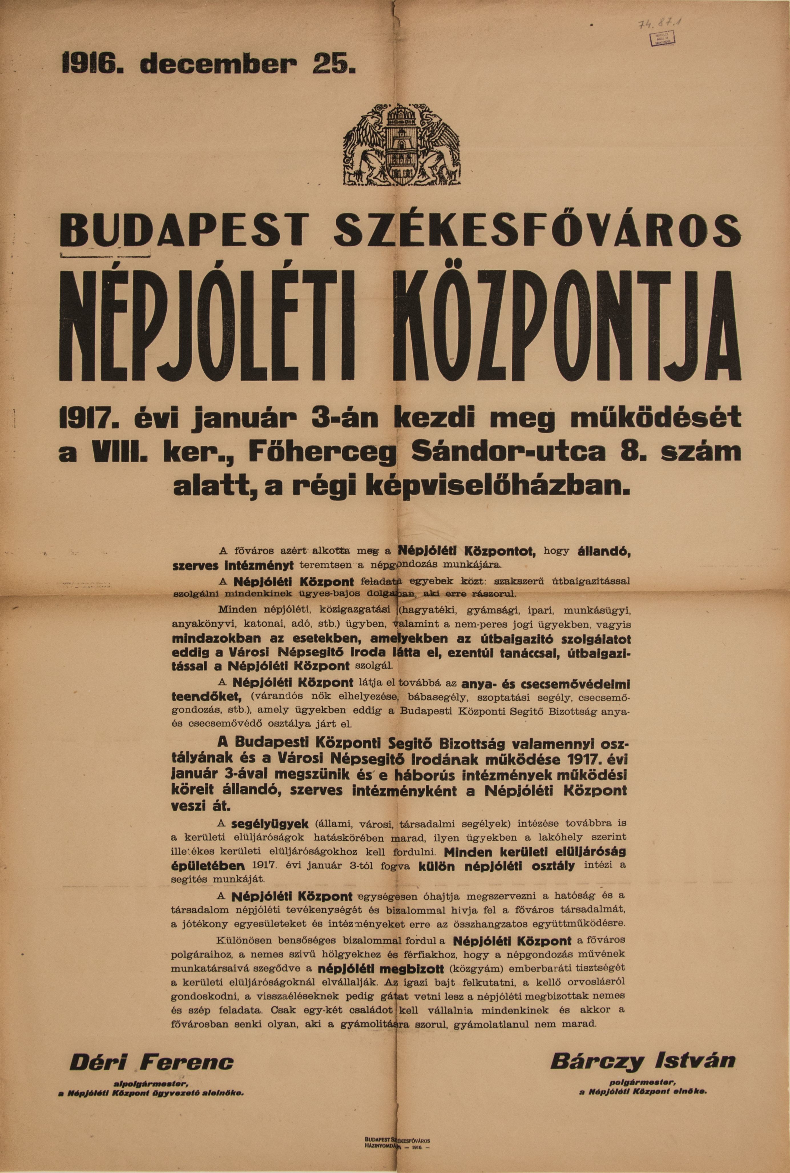 Felhívás a Népjóléti Központ mükődésének megkezdése alkalmából, 1916.12.25. (Ferenczy Múzeumi Centrum CC BY-NC-SA)