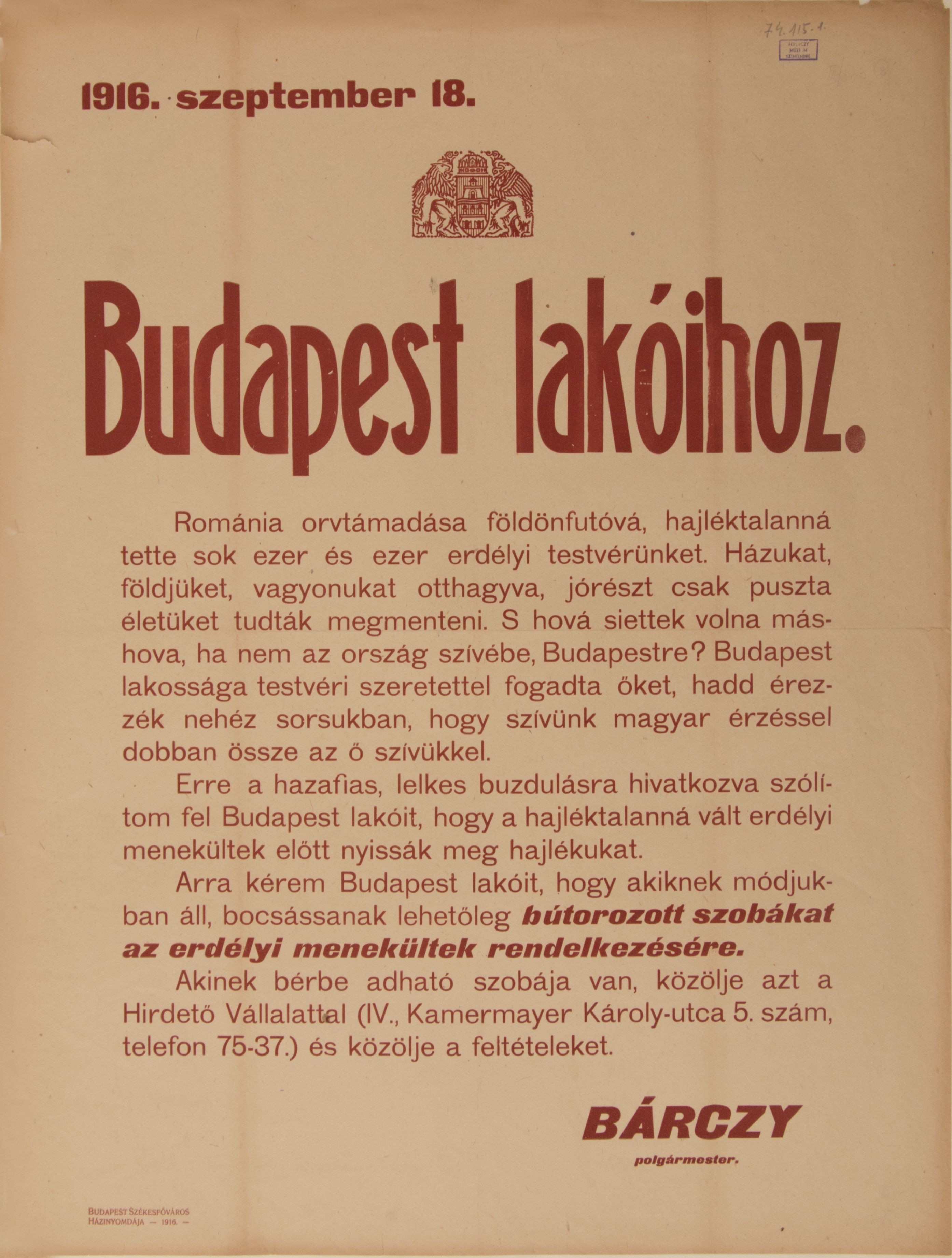 Felhívás: bútorozott szobákat az erdélyi menekültek rendelkezésére, 1916.09.18. (Bárczy) (Ferenczy Múzeumi Centrum CC BY-NC-SA)