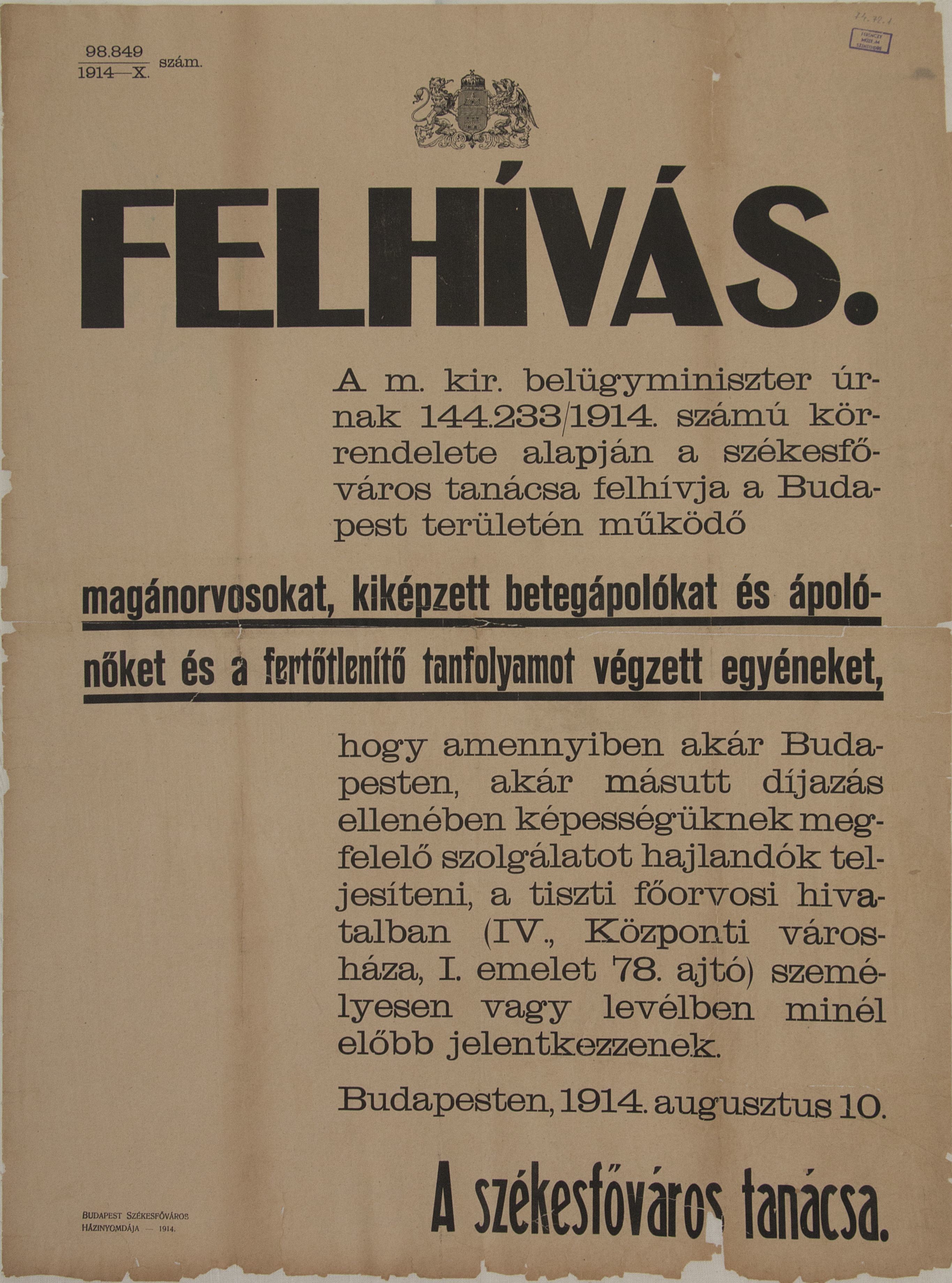 Felhívás egészségügyiek részére, 1914.08.10. (Ferenczy Múzeumi Centrum CC BY-NC-SA)
