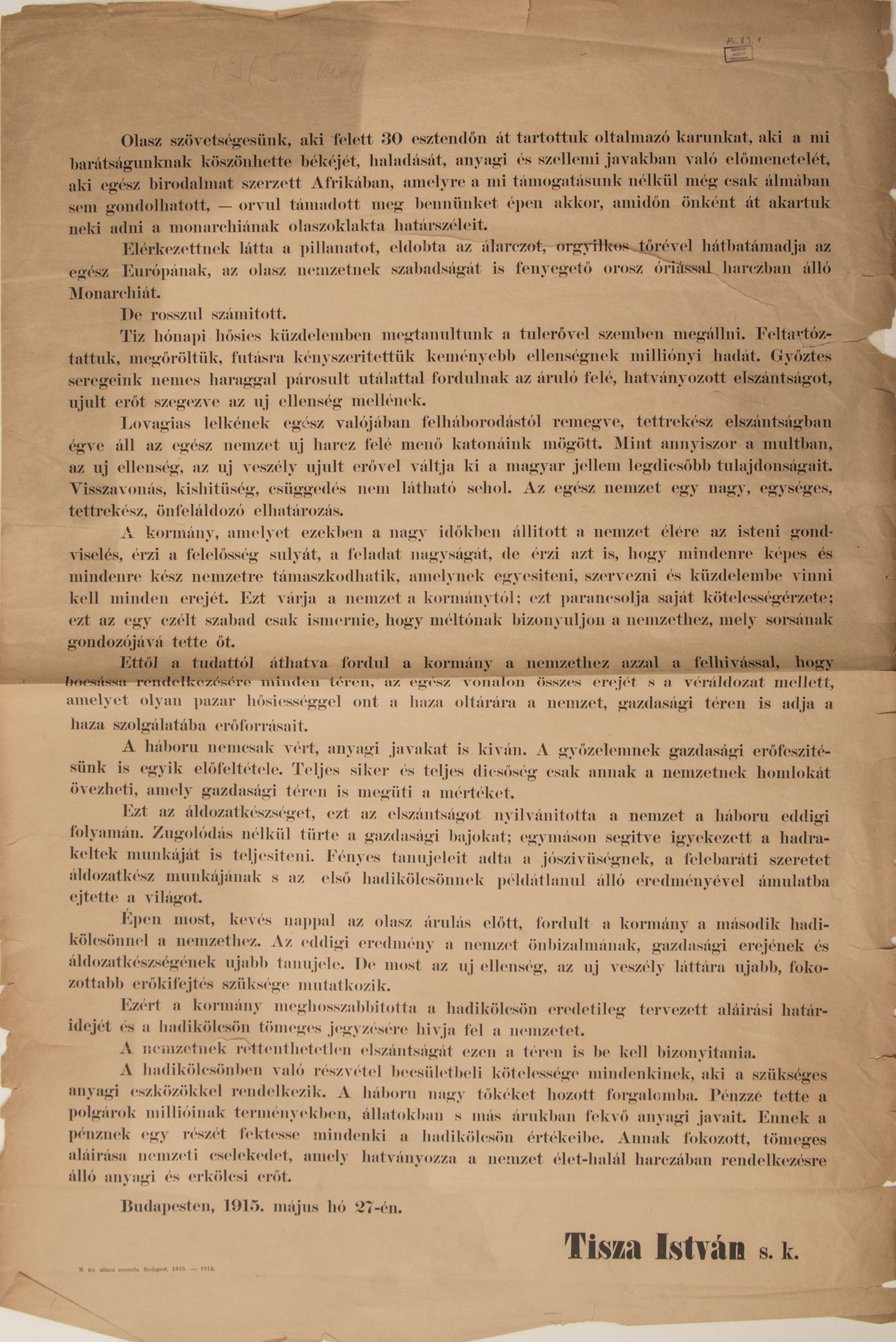 Felhívás Olaszország habalépése miatt, (Tisza István) 1915.05.27. (Ferenczy Múzeumi Centrum CC BY-NC-SA)