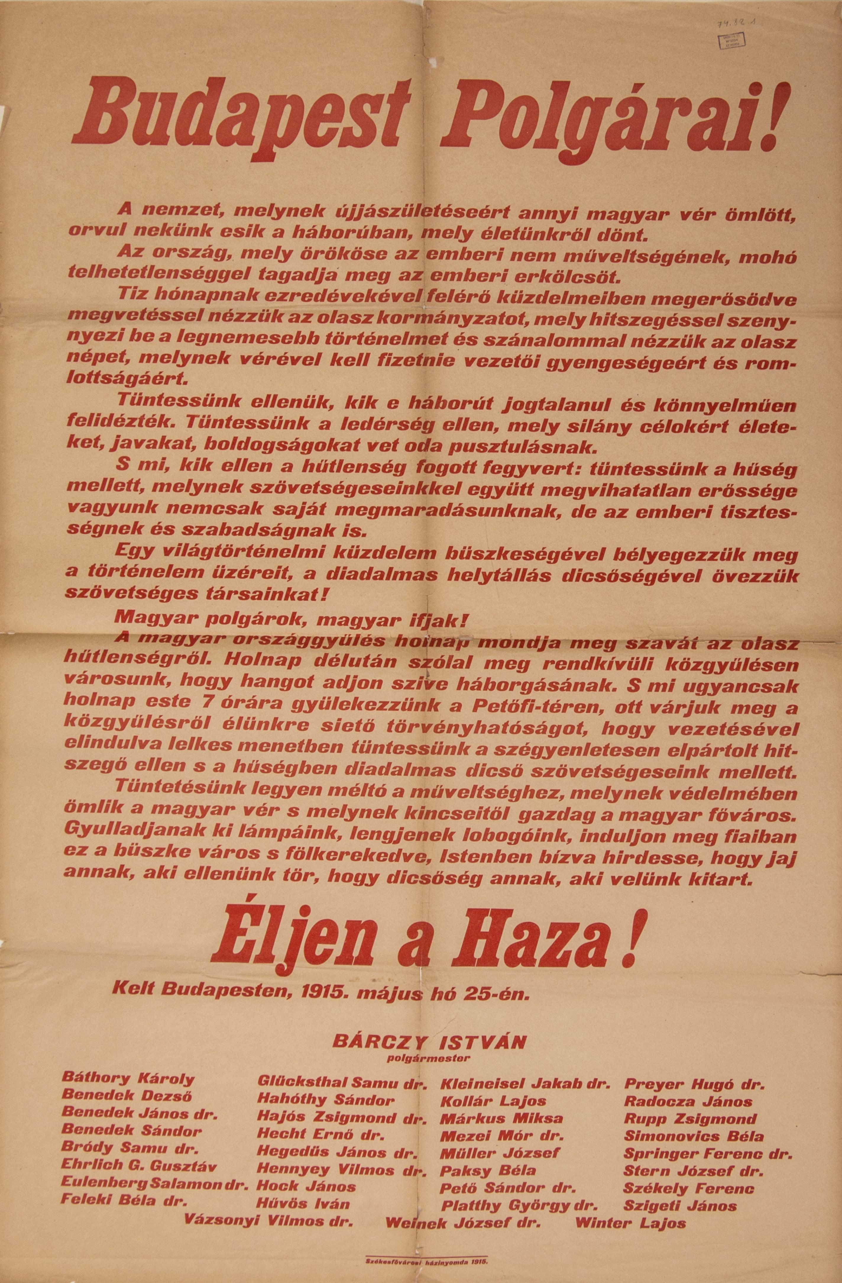 Felhívás tüntetésre Olaszország hadbalépése miatt, (Bárczy) 1915.05.25. (Ferenczy Múzeumi Centrum CC BY-NC-SA)