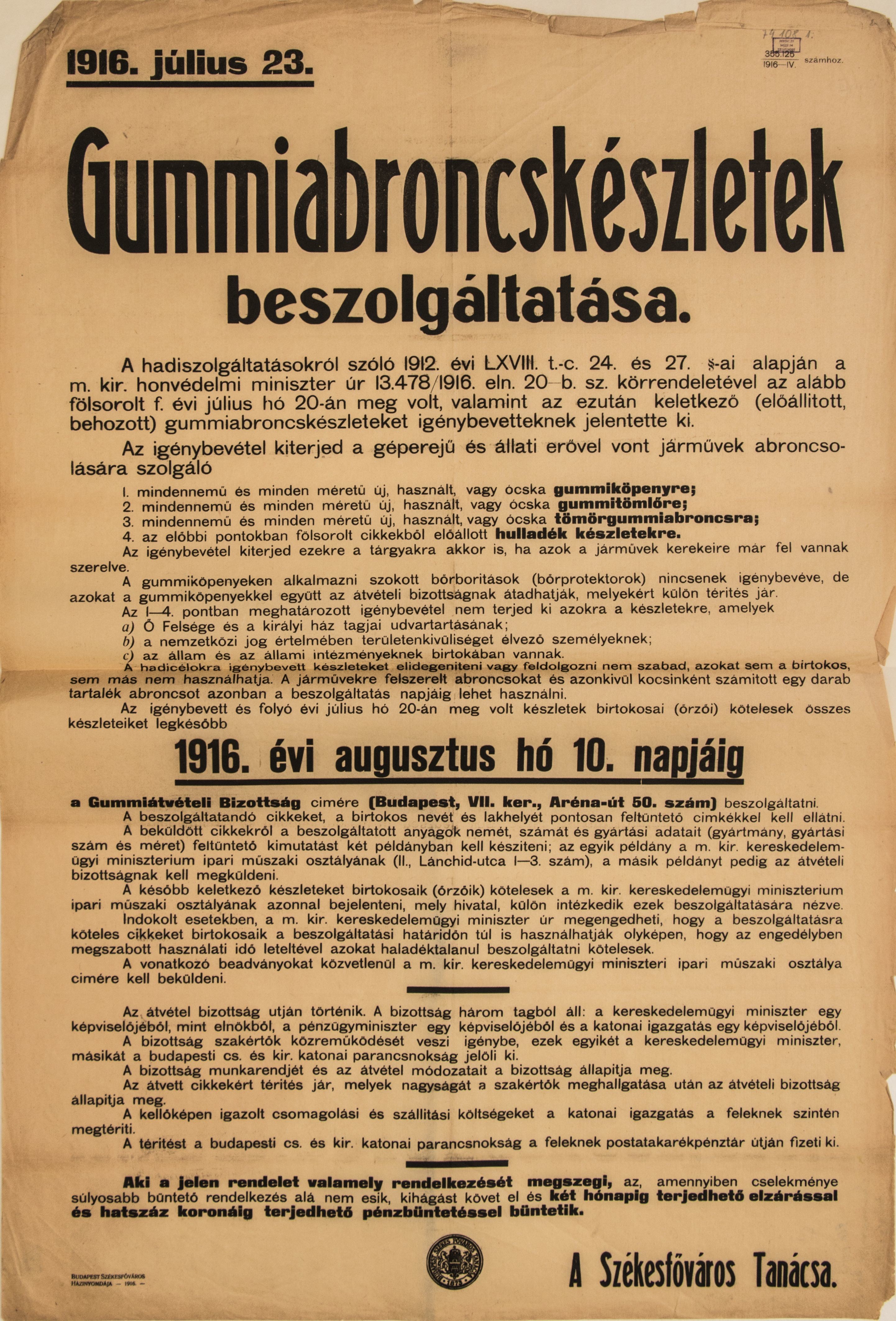 Gumiabroncskészletek beszolgáltatása, 1916.07.23. (sárga alap, fekete betű) (Ferenczy Múzeumi Centrum CC BY-NC-SA)