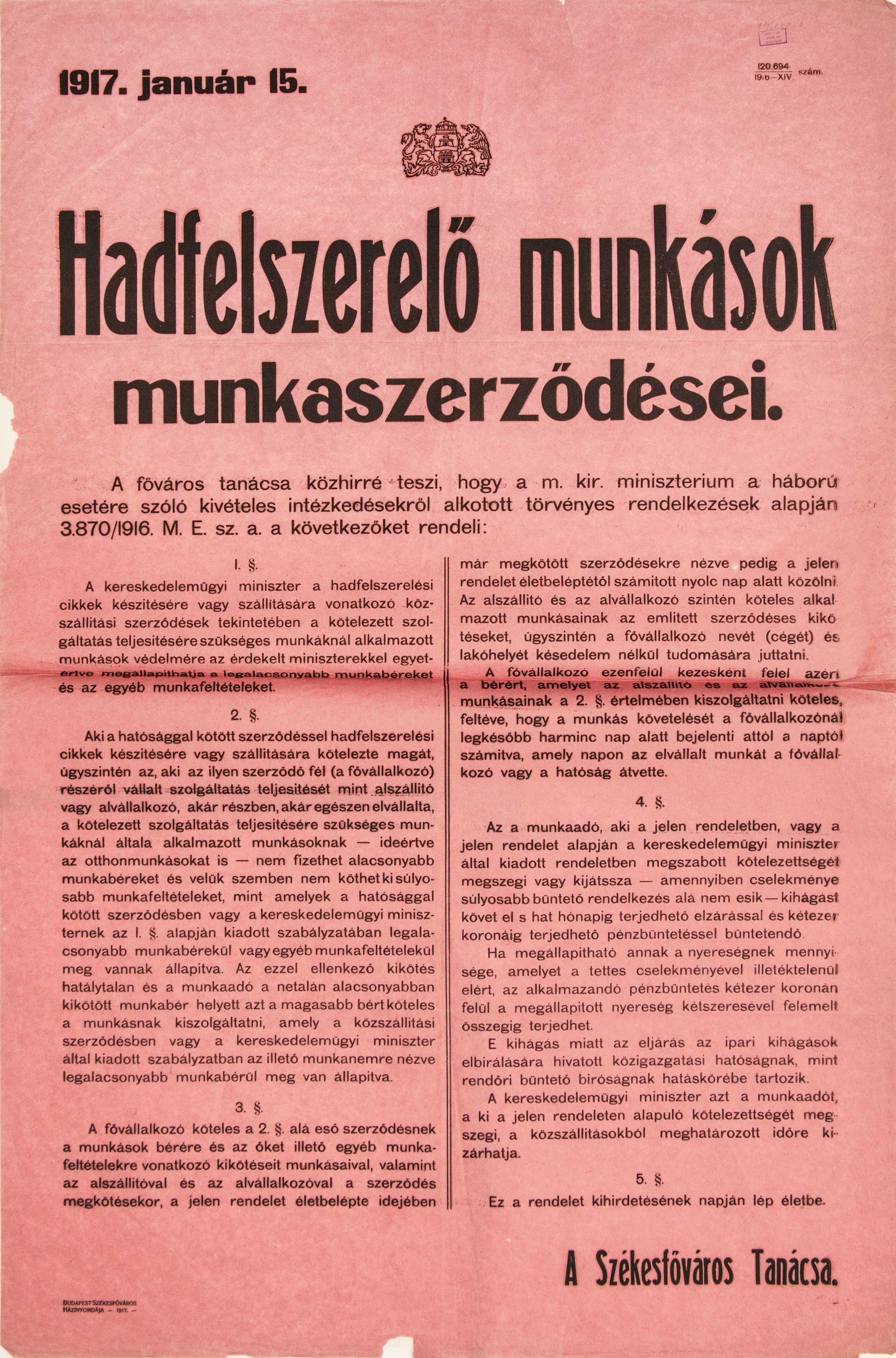 Hadfelszerelő munkások munkaszerződéseivel kapcsolatos hirdetés, 1917.01.15. (Ferenczy Múzeumi Centrum CC BY-NC-SA)
