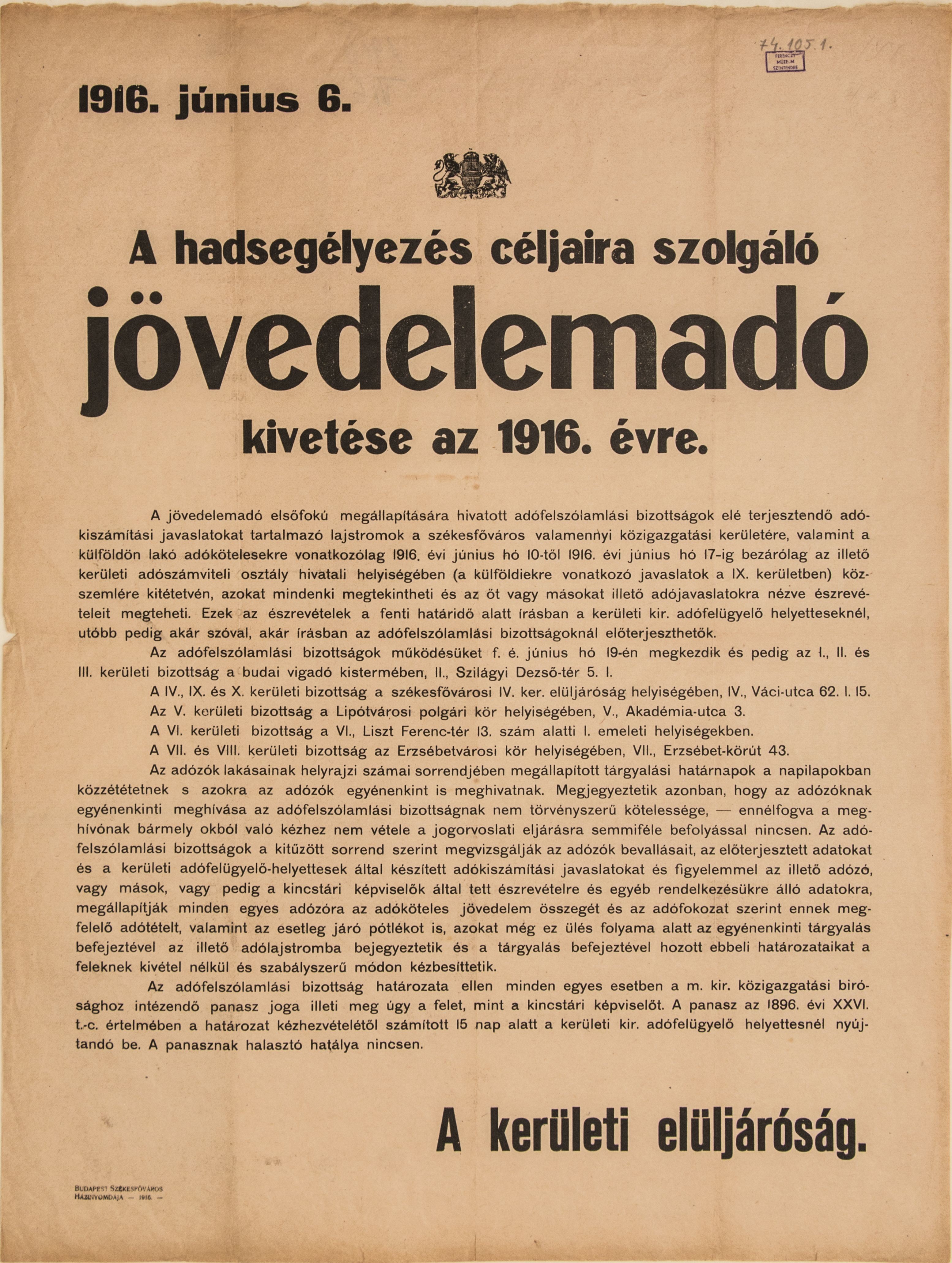 Hadsegélyezés céljaira szolgáló jövedelemadó bevezetéséről, 1916.06.06. (Ferenczy Múzeumi Centrum CC BY-NC-SA)