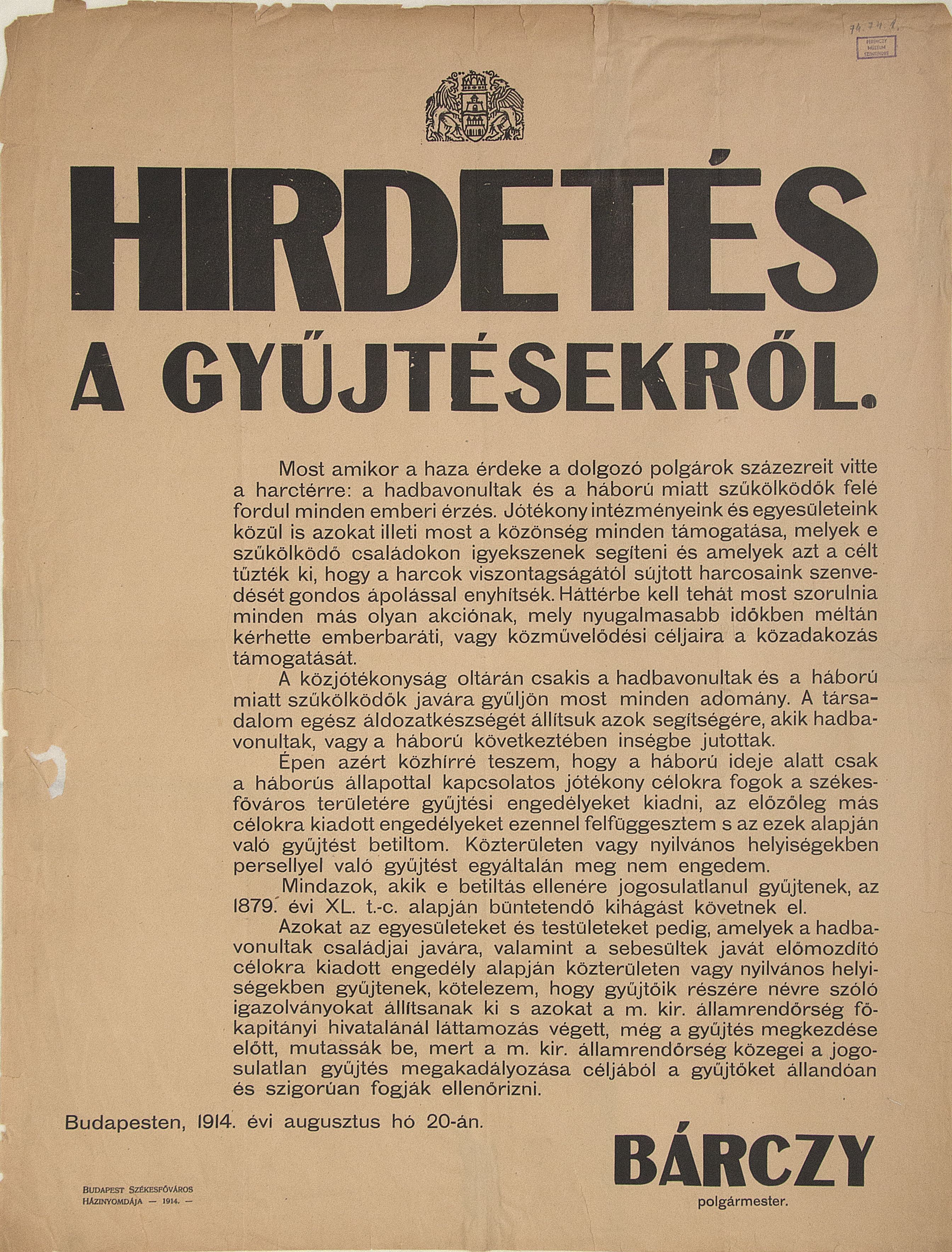 Hirdetés a jótékony célú gyűjtésről (Bárczy, 1914.08.20.) (Ferenczy Múzeumi Centrum CC BY-NC-SA)