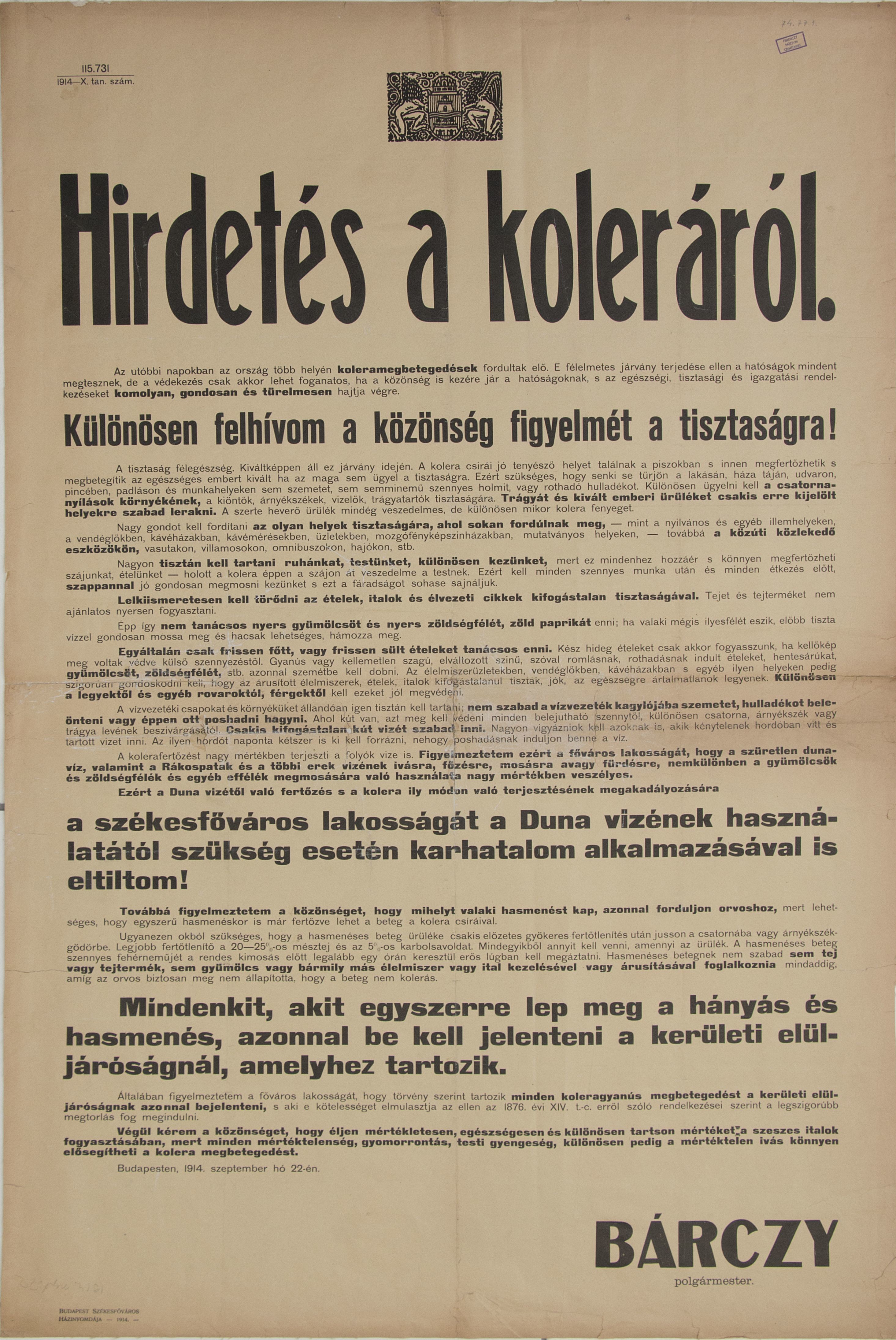 Hirdetés a koleráról, 1914.09.22. (Ferenczy Múzeumi Centrum CC BY-NC-SA)