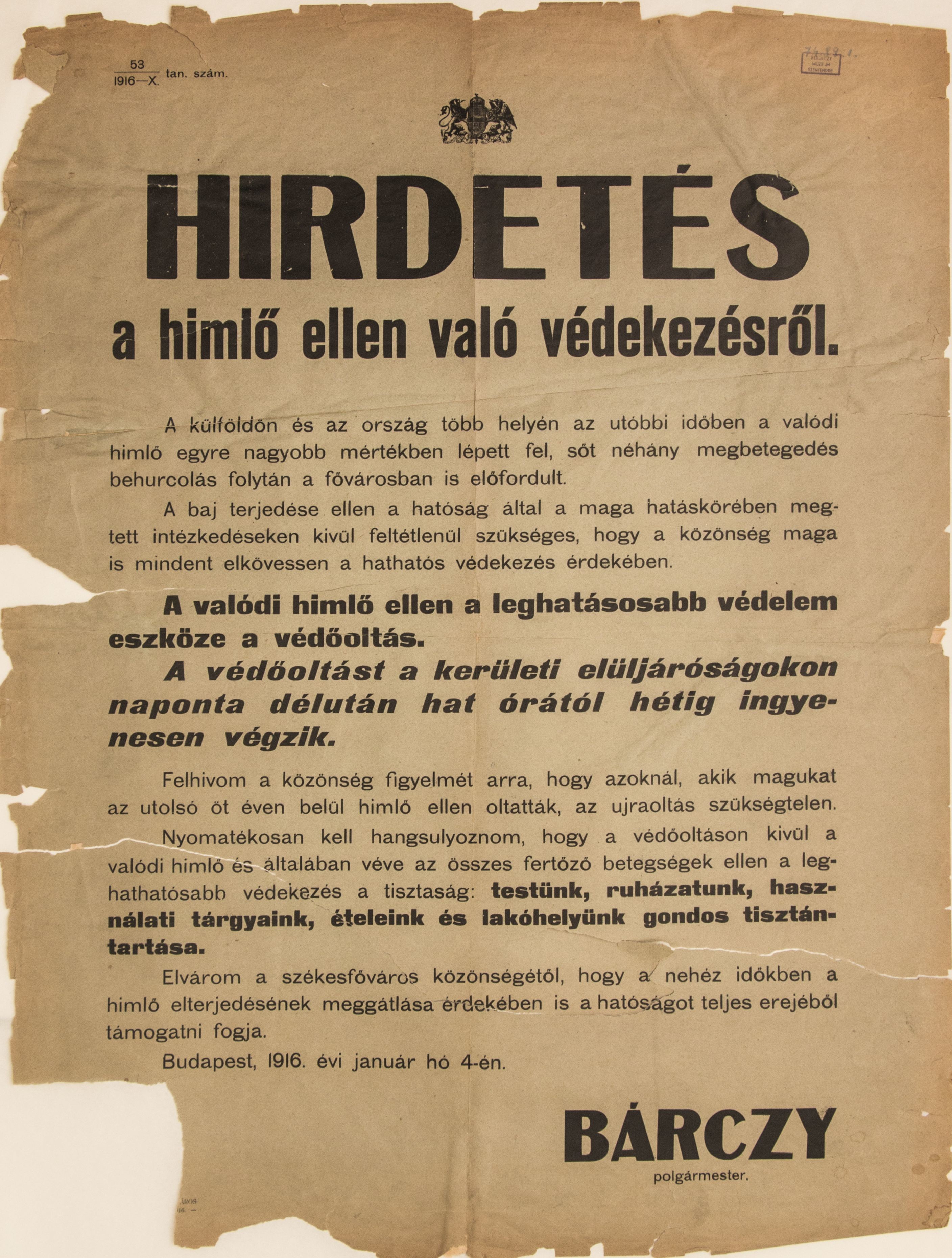 Hirdetés himlő elleni védekezésről, (zöldes alap, fekete betű) 1916.01.04. (Ferenczy Múzeumi Centrum CC BY-NC-SA)