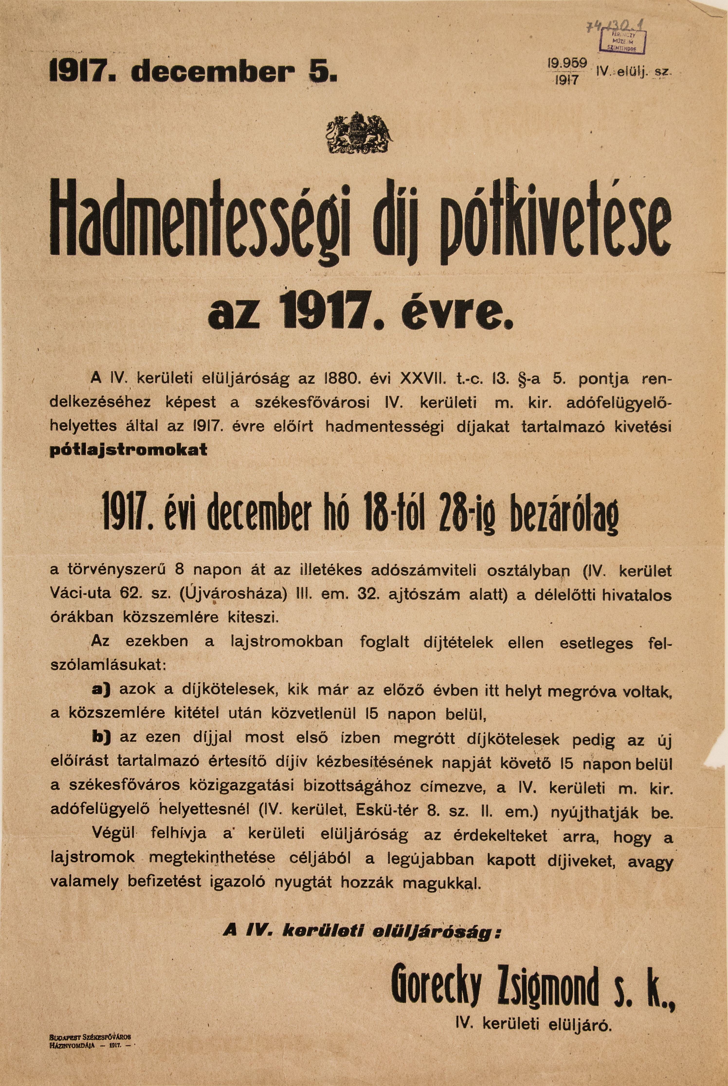 Hirdetmény hadmentességi pótdíj kivetéséről, 1917.12. (Ferenczy Múzeumi Centrum CC BY-NC-SA)