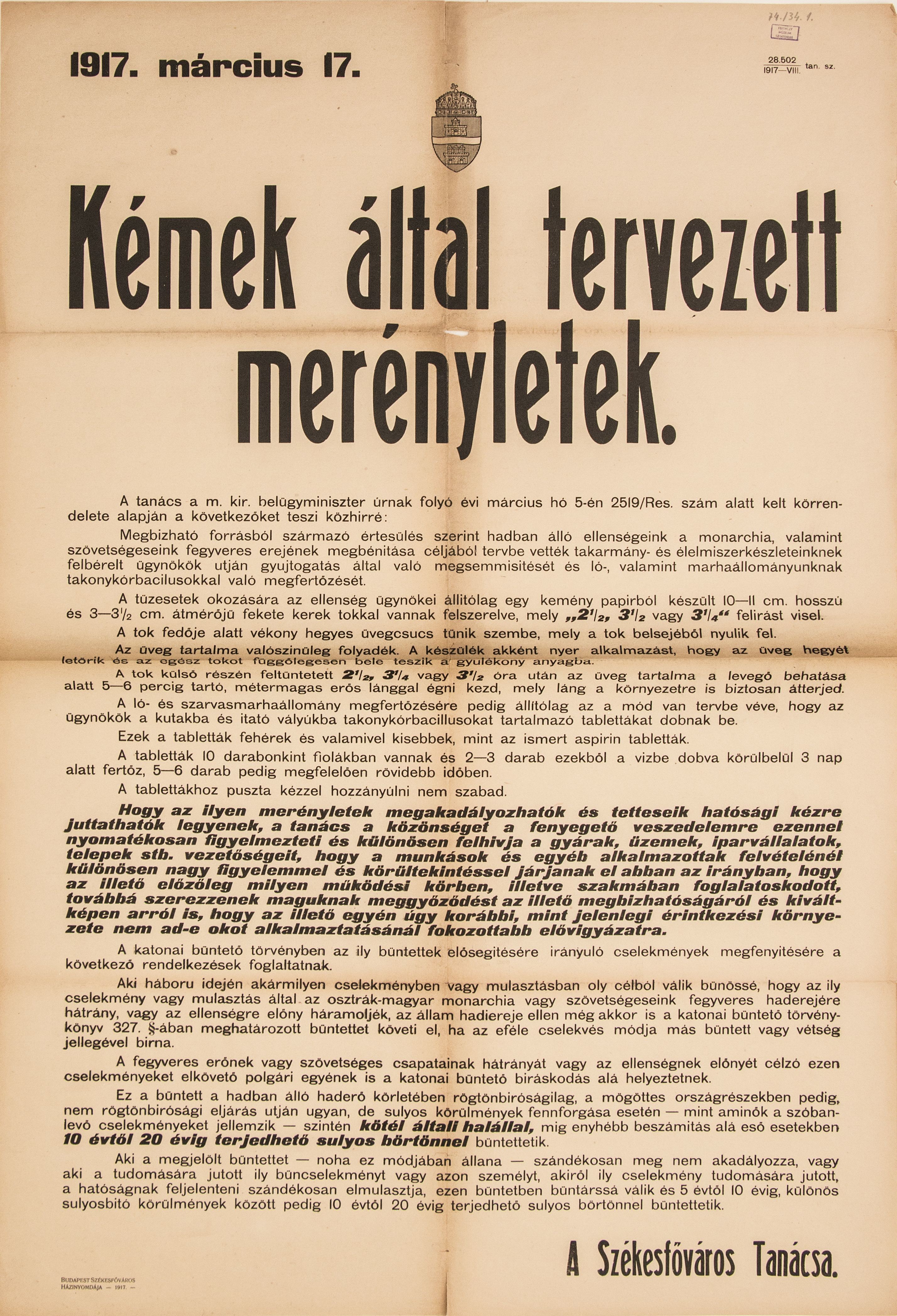 Kémek által tervezett merényletek, 1917.03.17. (hirdetmény) (Ferenczy Múzeumi Centrum CC BY-NC-SA)