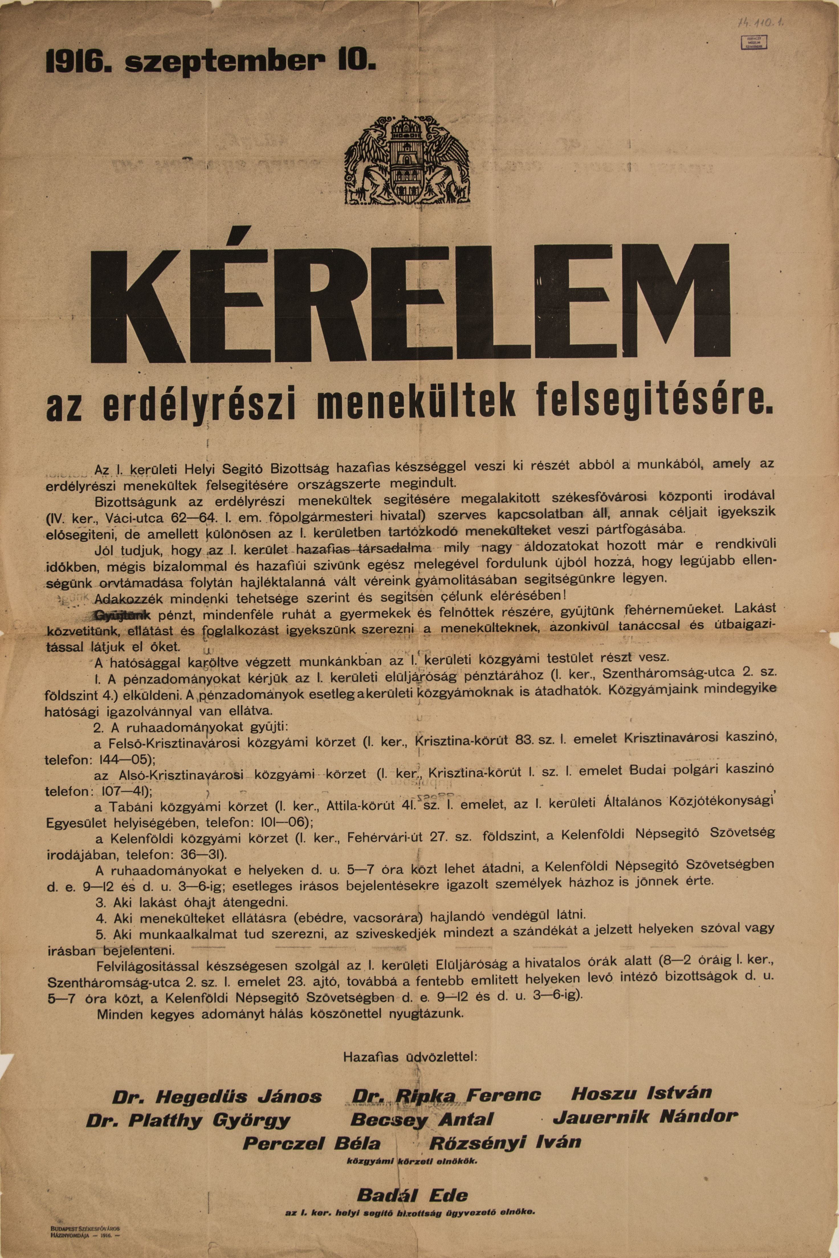 "Kérelem az erdélyrészi menekültek felsegítésére" 1916.09.10. (Ferenczy Múzeumi Centrum CC BY-NC-SA)