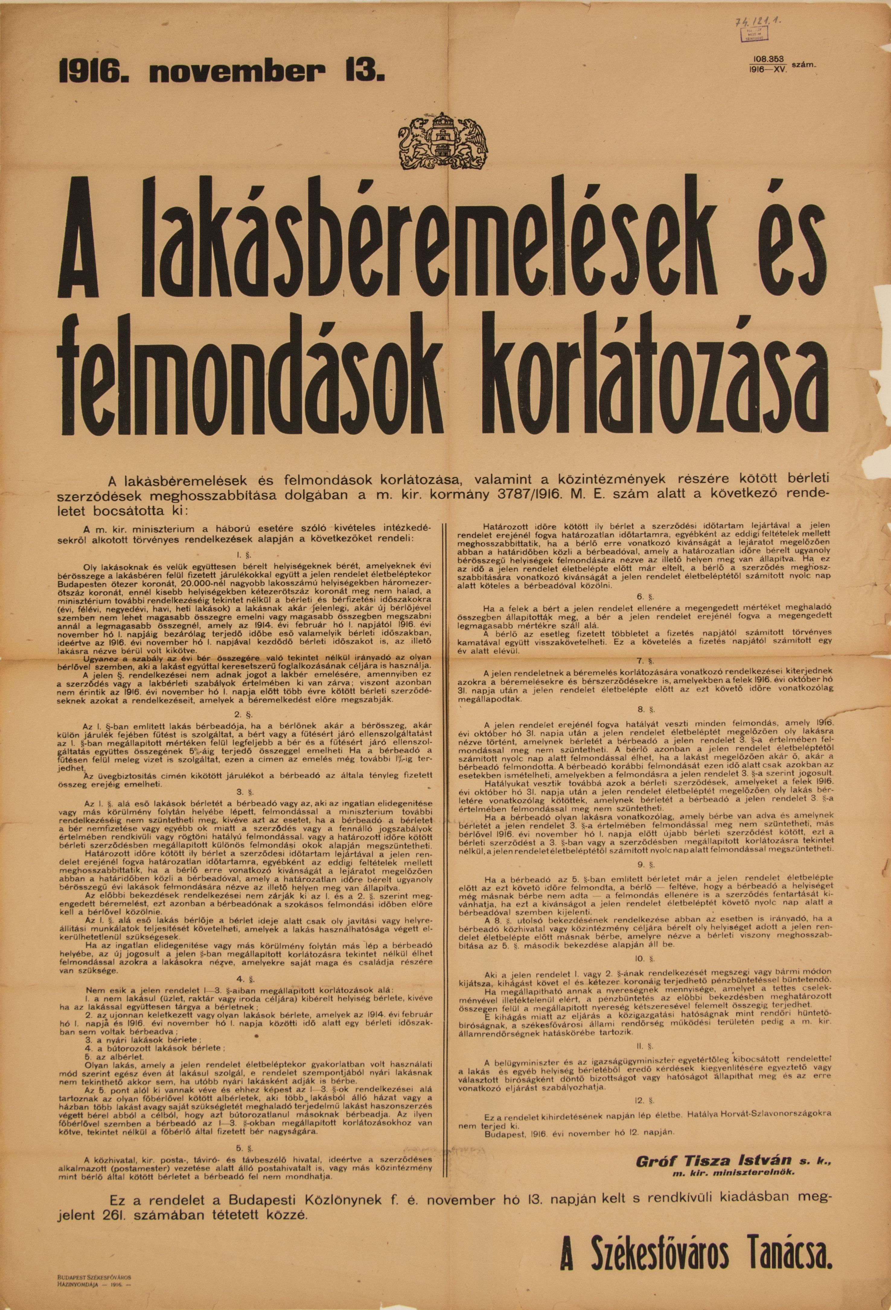 Lakásbéremelések és felmondások korlátozása, 1916.11.13. (Ferenczy Múzeumi Centrum CC BY-NC-SA)