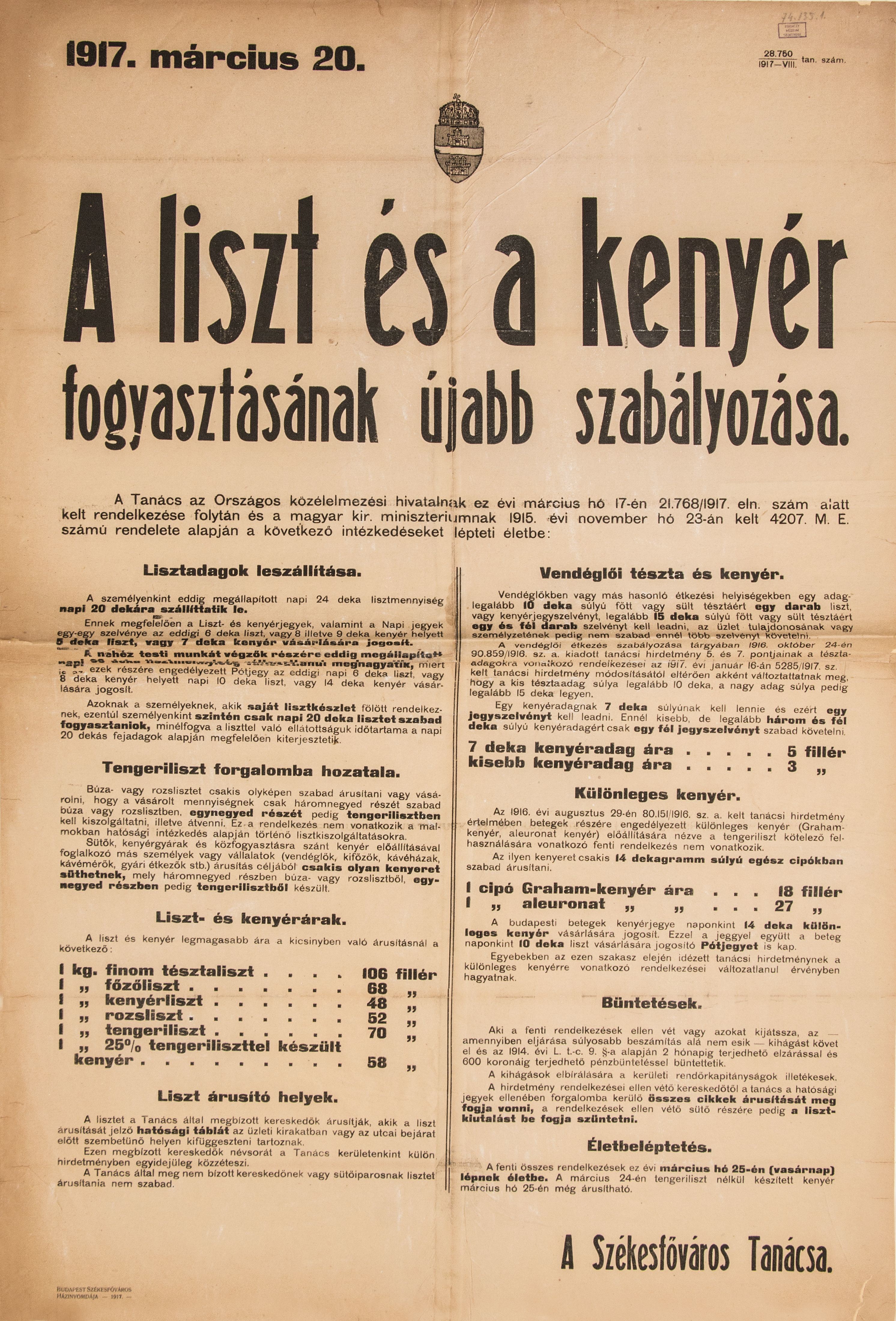 Liszt és kenyér fogyasztásának újabb szabályozása, 1917.03.20. (Ferenczy Múzeumi Centrum CC BY-NC-SA)