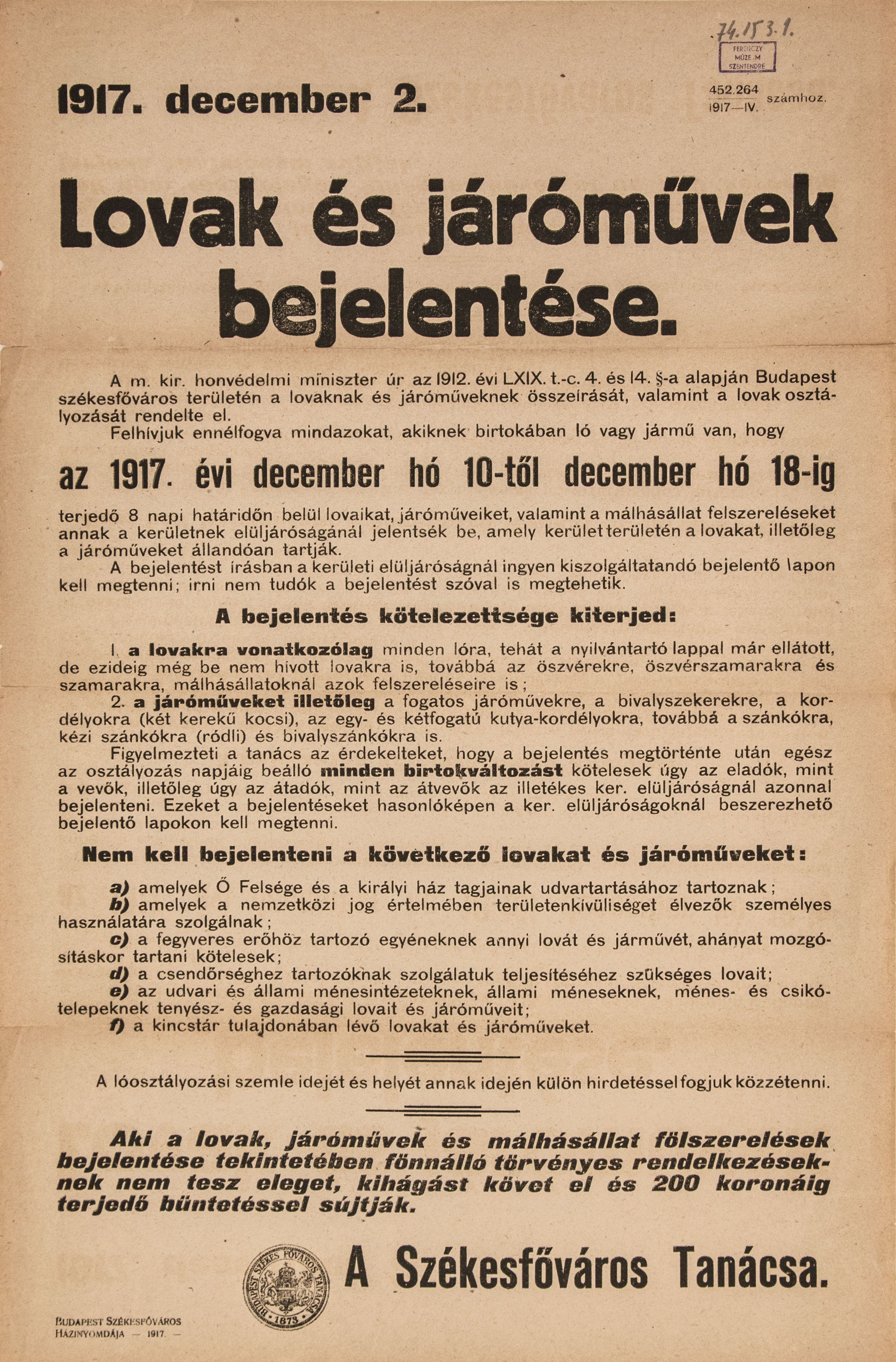 Lovak és járművek bejelentése, 1917.12.02. (Ferenczy Múzeumi Centrum CC BY-NC-SA)