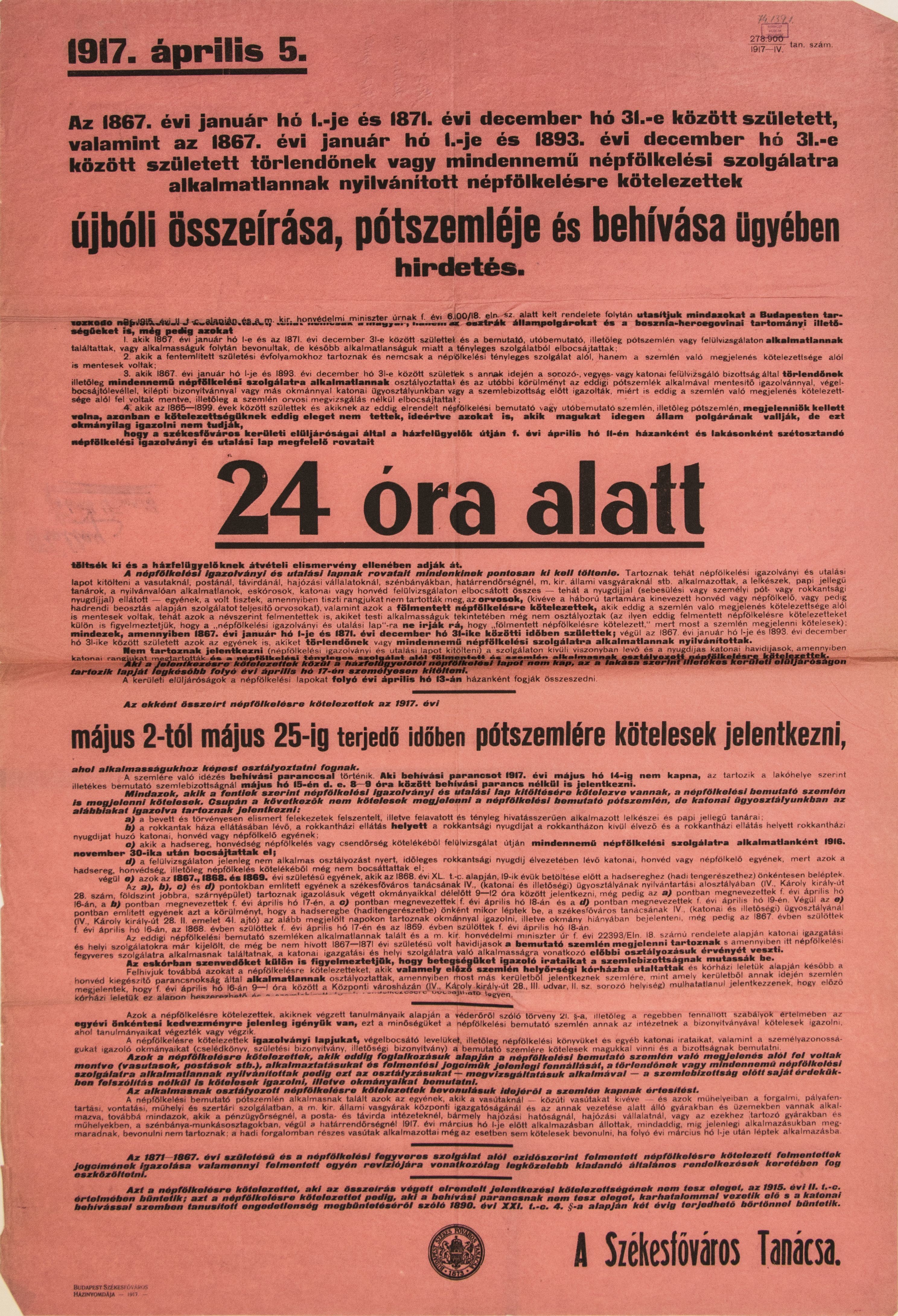 Népfelkelésre alkalmatlannak nyilvánítottak újbóli összeírása, 1917.04.05. (hirdetmény) (Ferenczy Múzeumi Centrum CC BY-NC-SA)