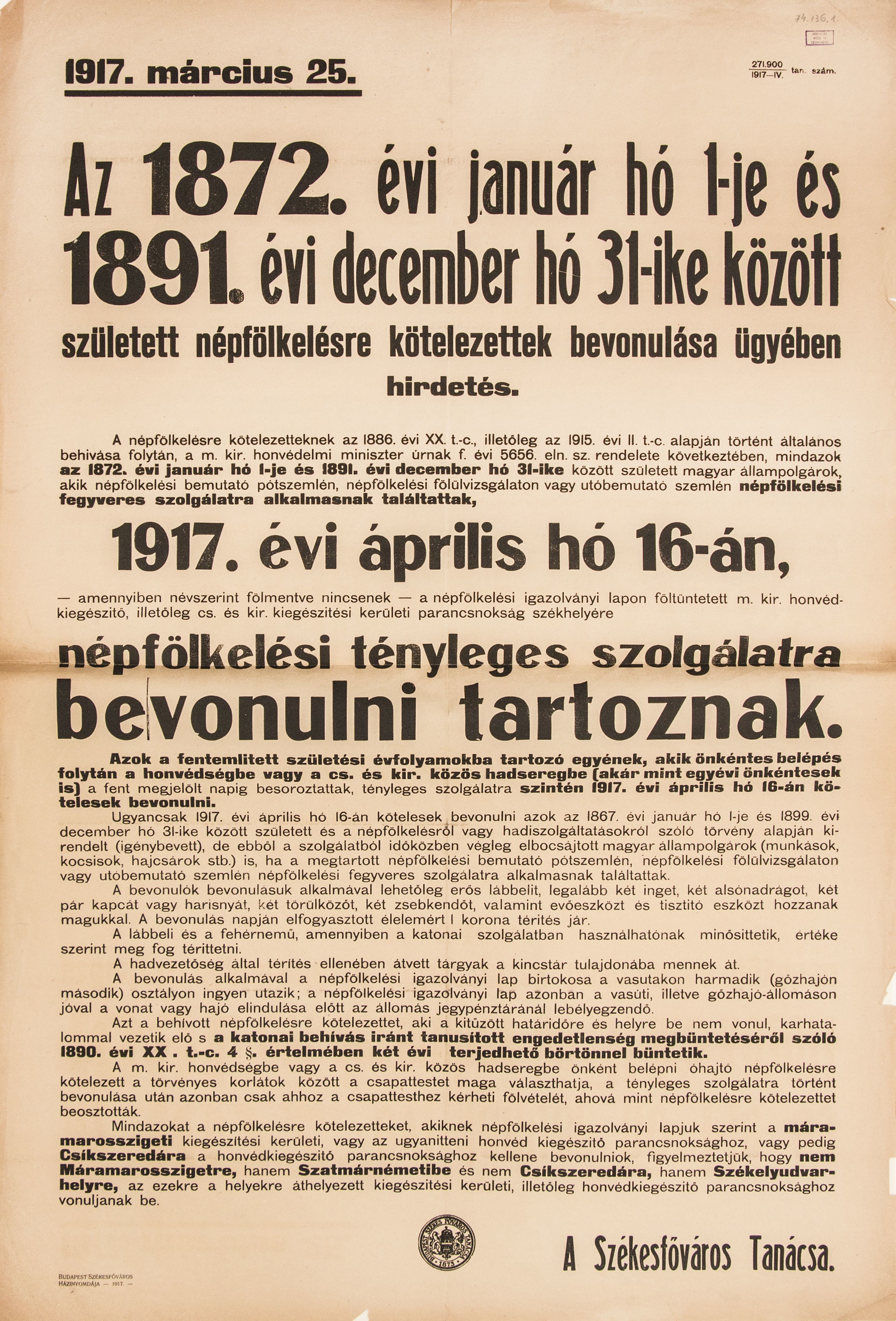 Népfelkelésre kötelezettek bevonulása ügyében hirdetés, 1917.03.25. (Ferenczy Múzeumi Centrum CC BY-NC-SA)